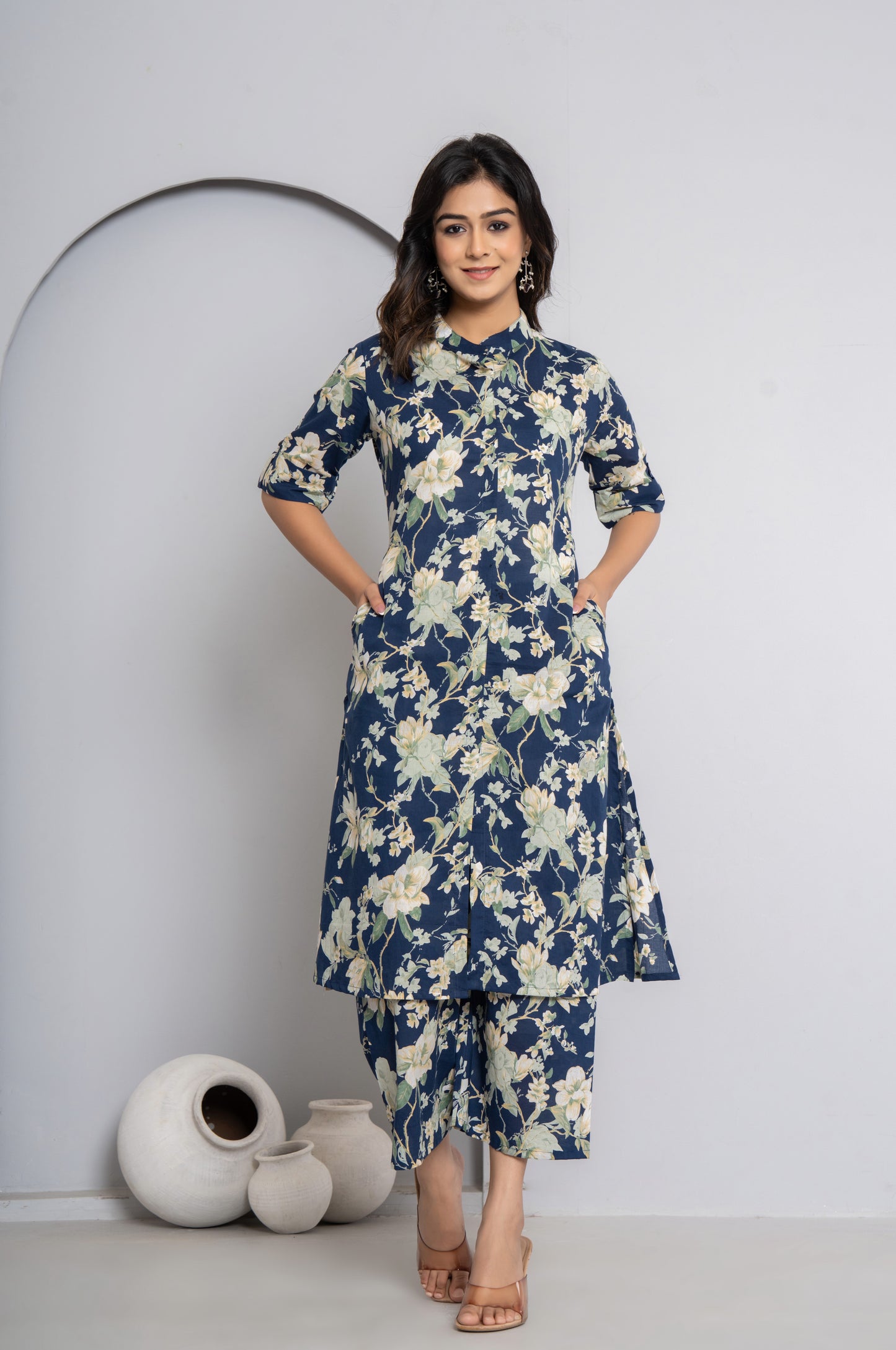 FLORAL PRINT COTTON 2 PEICE KURTI PLAZZO SET IN BLUE BY PLUSSIZEKURTI