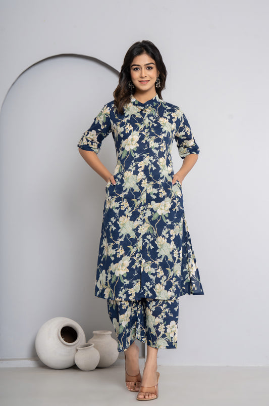 FLORAL PRINT COTTON 2 PEICE KURTI PLAZZO SET IN BLUE BY PLUSSIZEKURTI