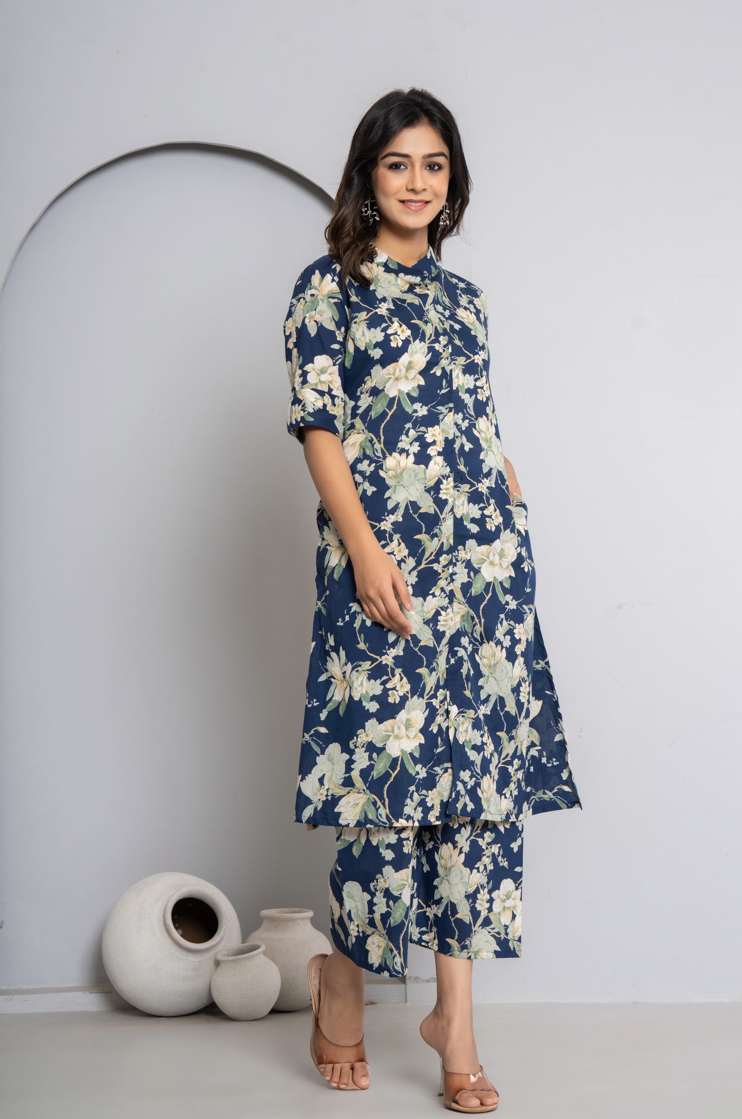 FLORAL PRINT COTTON 2 PEICE KURTI PLAZZO SET IN BLUE BY PLUSSIZEKURTI