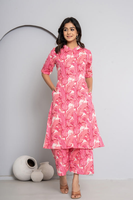 JUNGLE PRINT COTTON 2 PEICE KURTI PLAZZO SET IN PINK BY PLUSSIZEKURTI