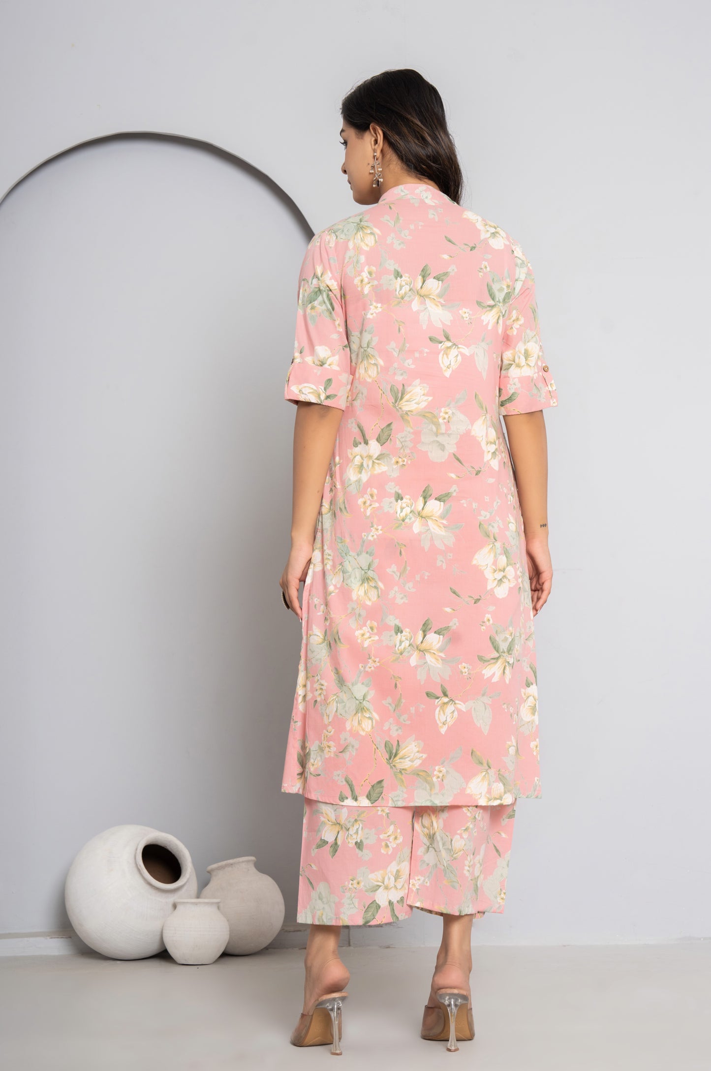 FLORAL PRINT COTTON 2 PEICE KURTI PLAZZO SET IN BABYPINK BY PLUSSIZEKURTI