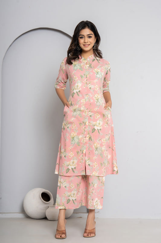FLORAL PRINT COTTON 2 PEICE KURTI PLAZZO SET IN BABYPINK BY PLUSSIZEKURTI
