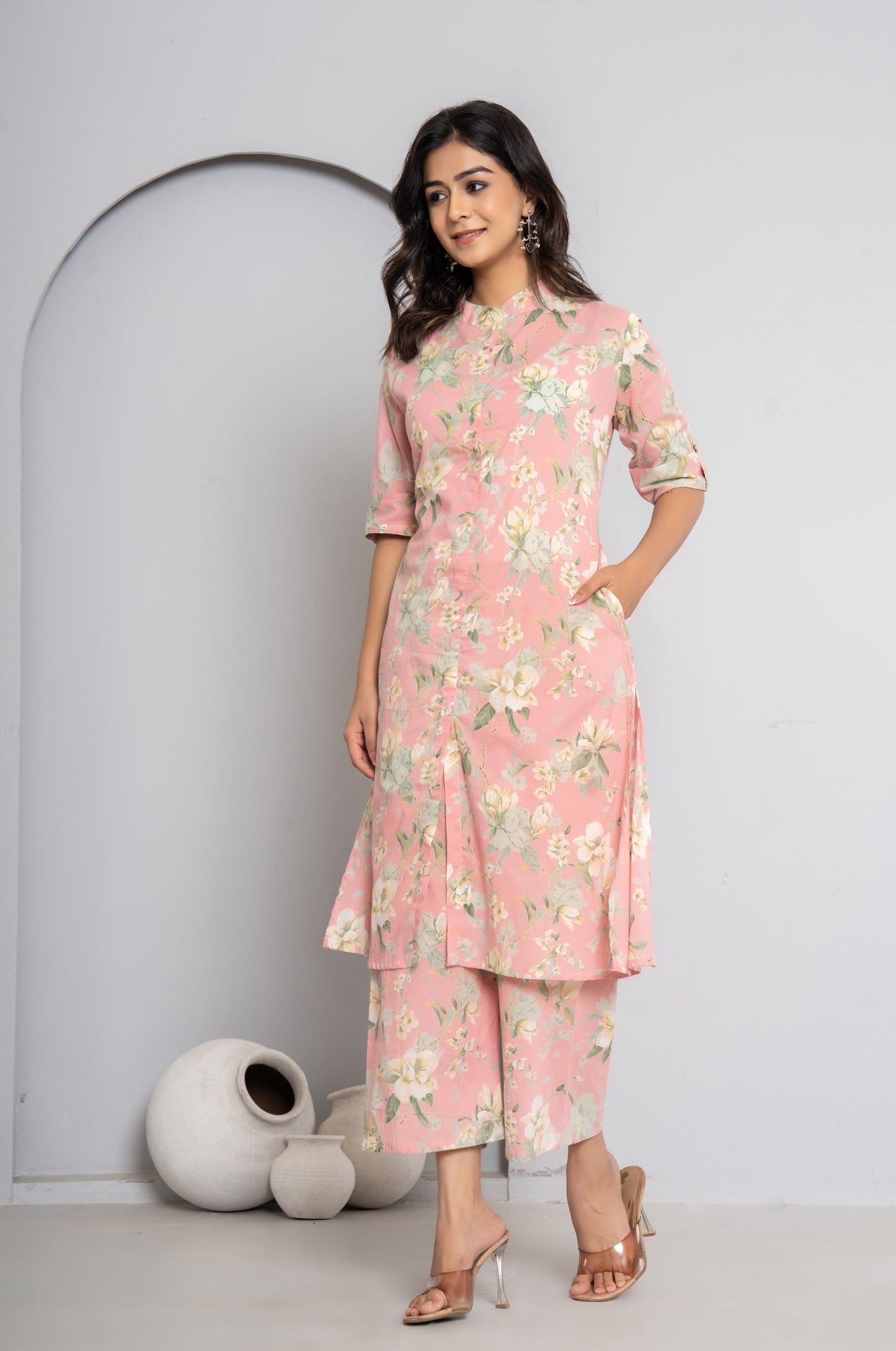 FLORAL PRINT COTTON 2 PEICE KURTI PLAZZO SET IN BABYPINK BY PLUSSIZEKURTI