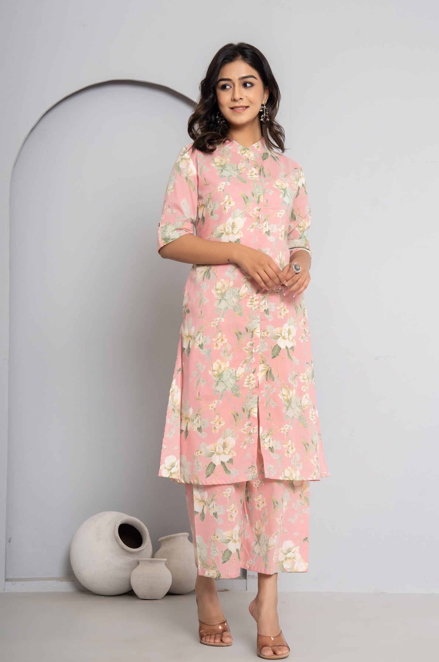FLORAL PRINT COTTON 2 PEICE KURTI PLAZZO SET IN BABYPINK BY PLUSSIZEKURTI