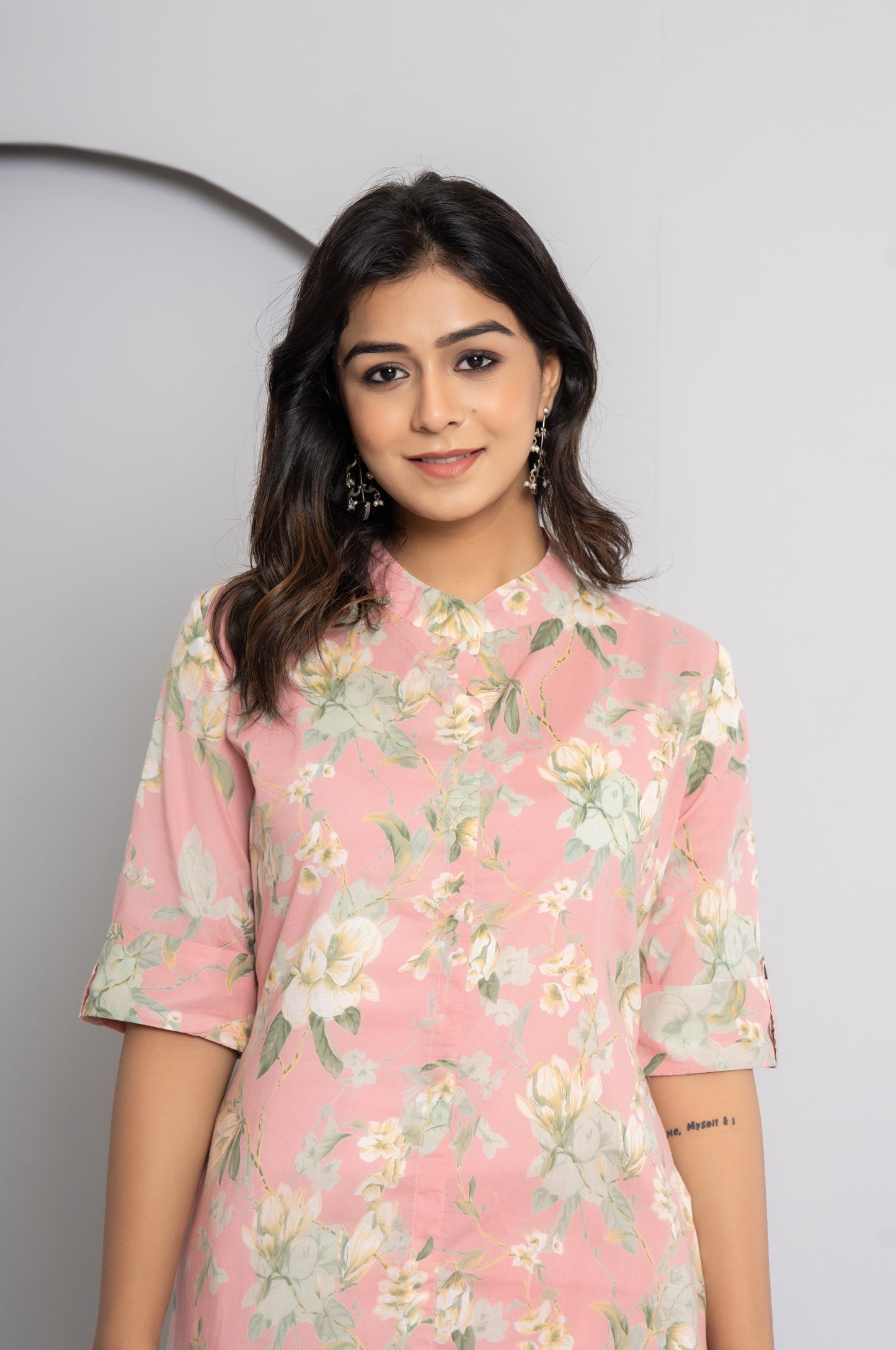 FLORAL PRINT COTTON 2 PEICE KURTI PLAZZO SET IN BABYPINK BY PLUSSIZEKURTI