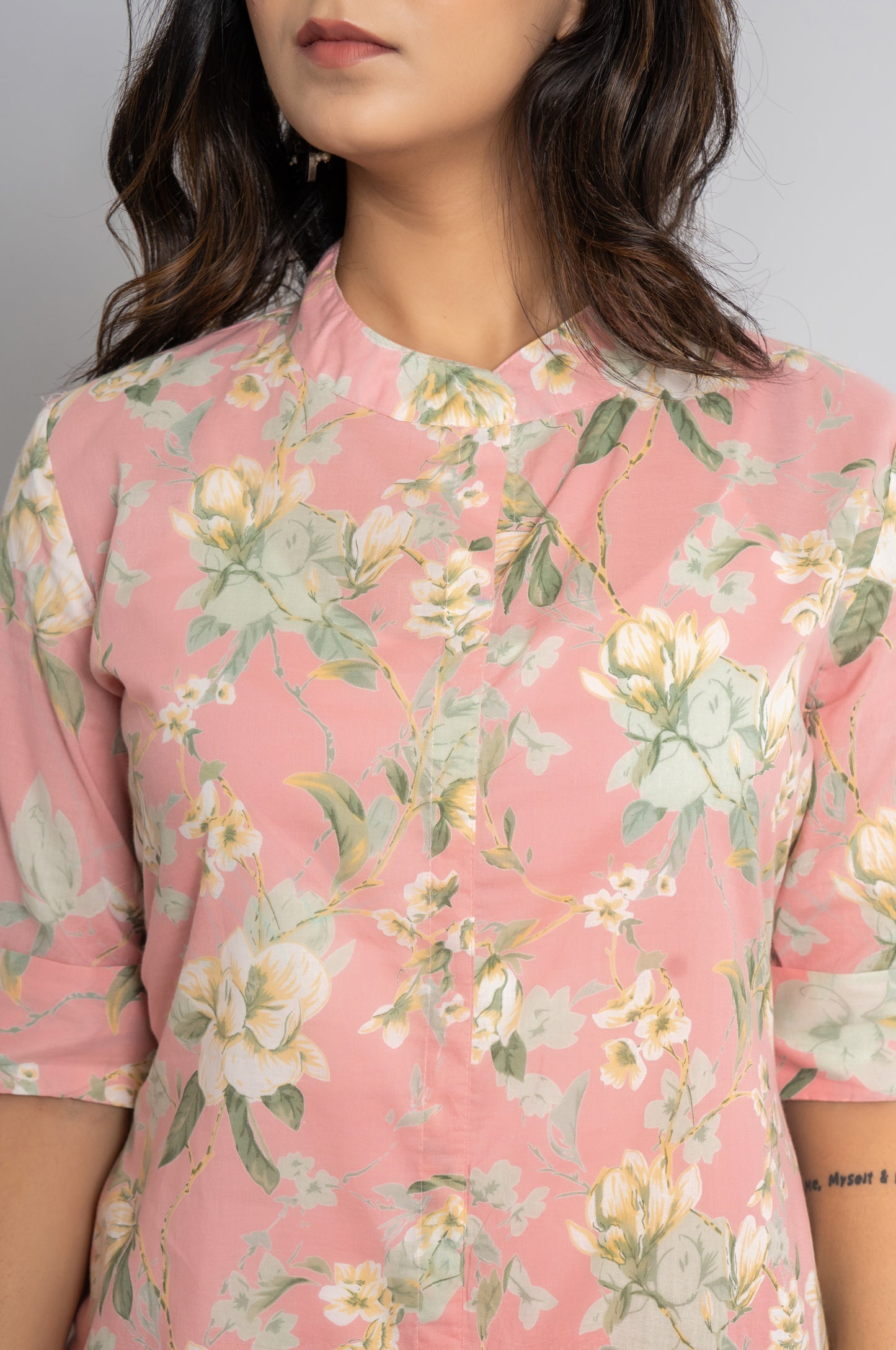 FLORAL PRINT COTTON 2 PEICE KURTI PLAZZO SET IN BABYPINK BY PLUSSIZEKURTI