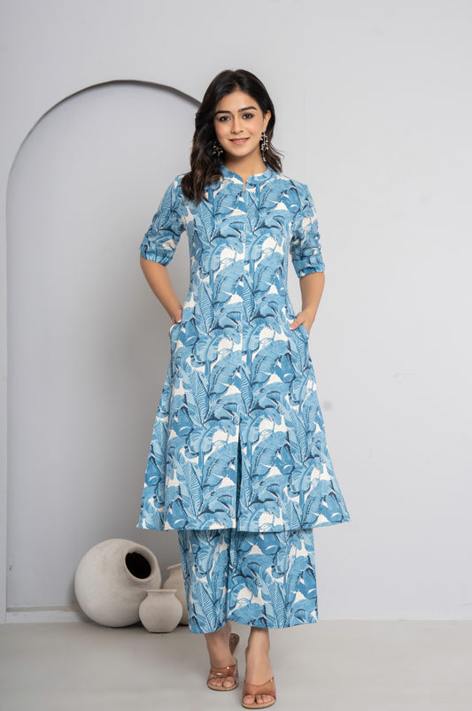JUNGLE PRINT COTTON 2 PEICE KURTI PLAZZO SET IN SKYBLUE BY PLUSSIZEKURTI