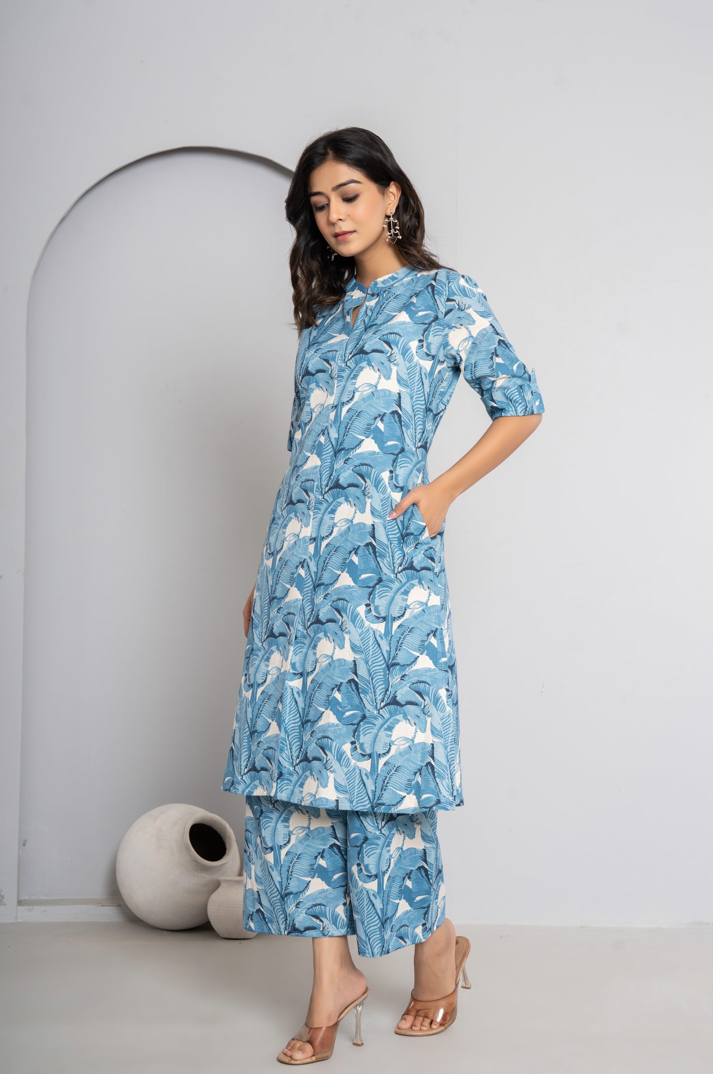 JUNGLE PRINT COTTON 2 PEICE KURTI PLAZZO SET IN SKYBLUE BY PLUSSIZEKURTI