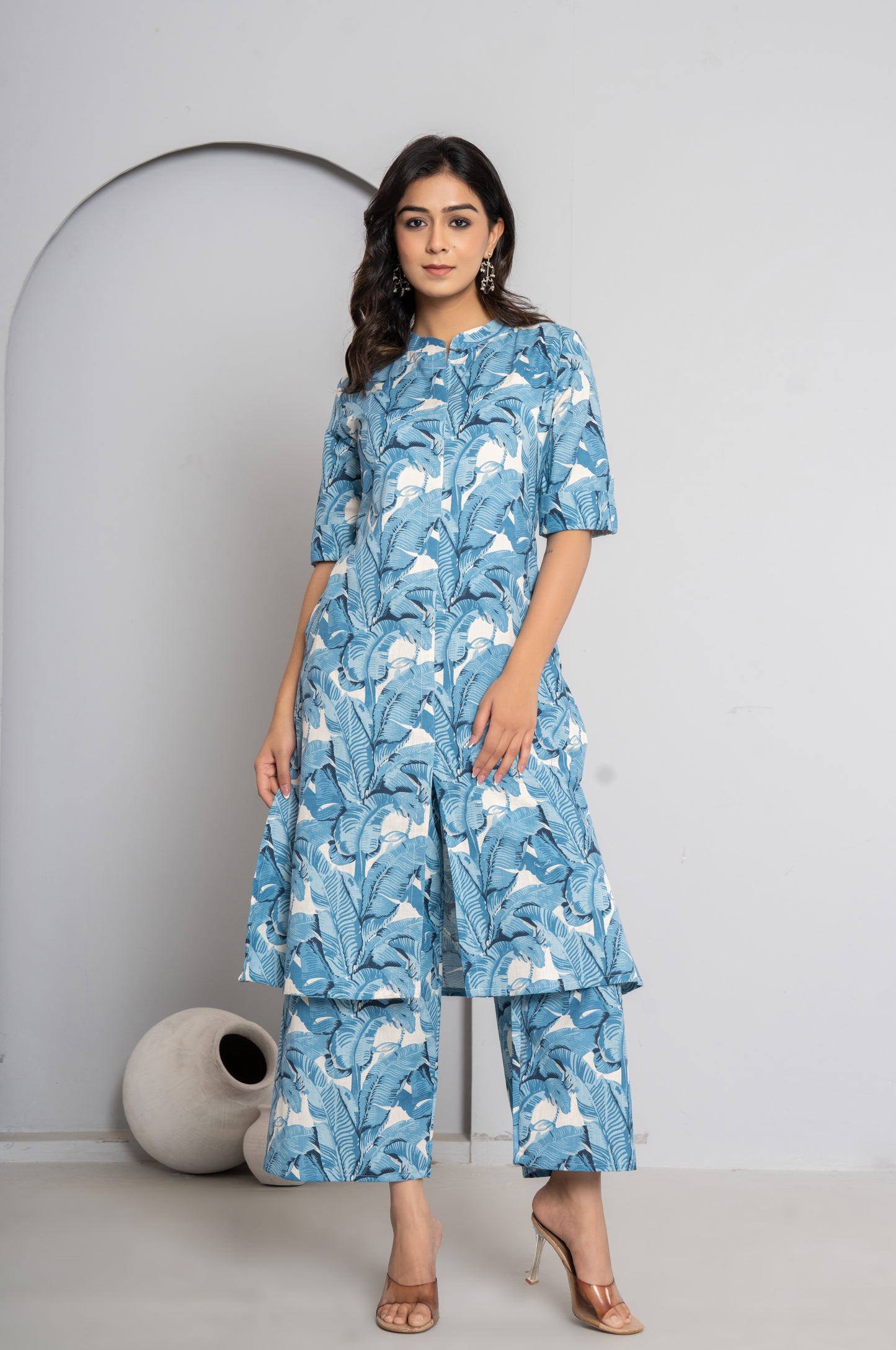 JUNGLE PRINT COTTON 2 PEICE KURTI PLAZZO SET IN SKYBLUE BY PLUSSIZEKURTI