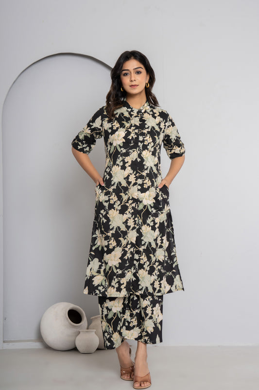 FLORAL PRINT COTTON 2 PEICE KURTI PLAZZO SET IN BLACK BY PLUSSIZEKURTI