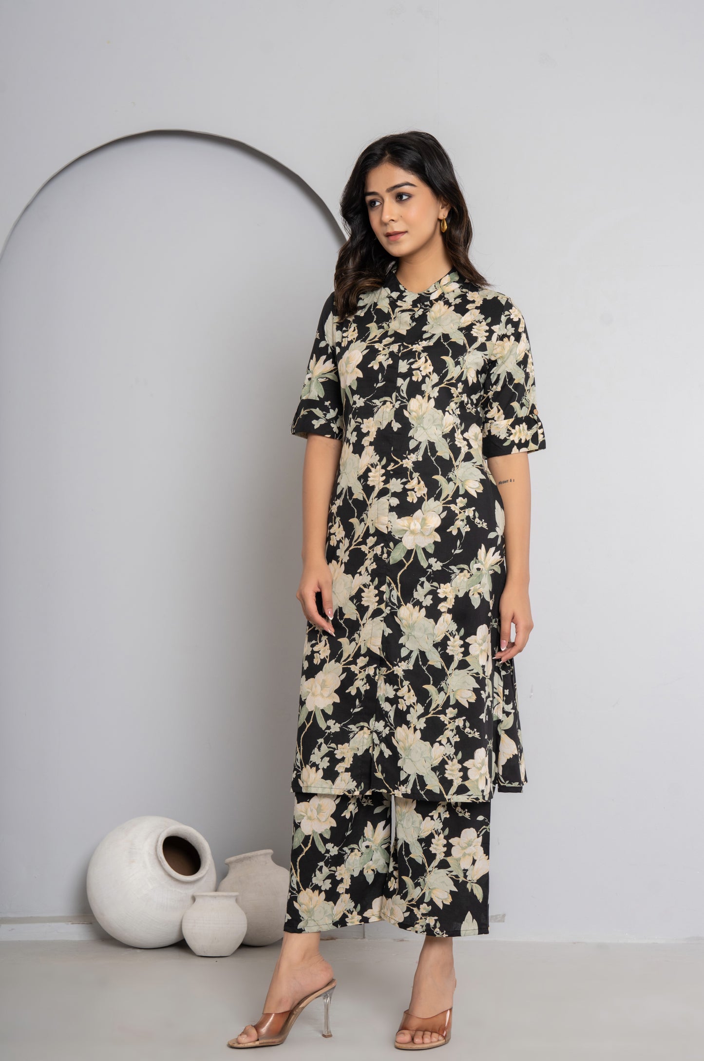 FLORAL PRINT COTTON 2 PEICE KURTI PLAZZO SET IN BLACK BY PLUSSIZEKURTI