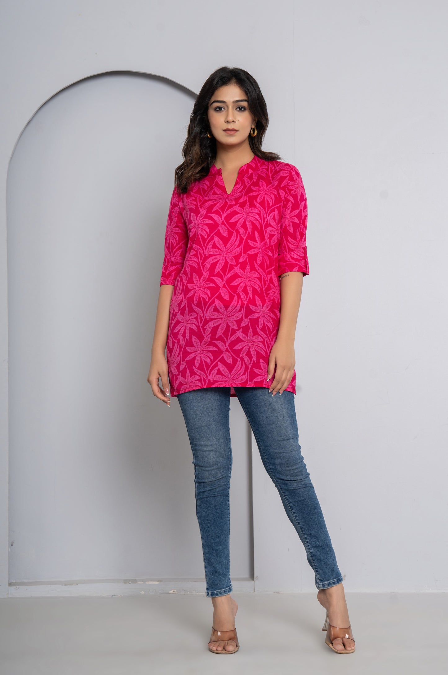 FLOWER PRINT COTTON TOP IN RANIPINK COLOUR BY PLUSSIZEKURTI
