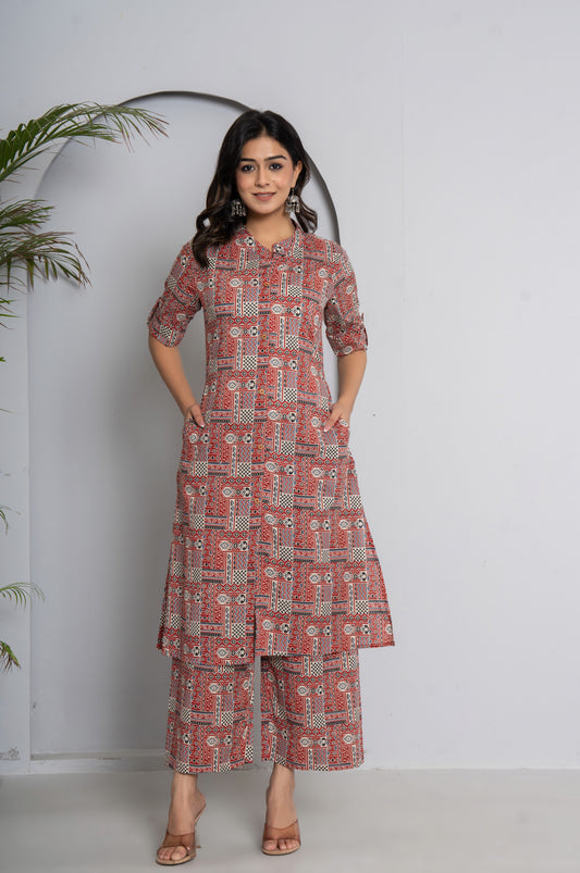GEOMETRIC PRINT COTTON 2 PEICE KURTI PLAZZO SET IN MULTICOLOUR BY PLUSSIZEKURTI