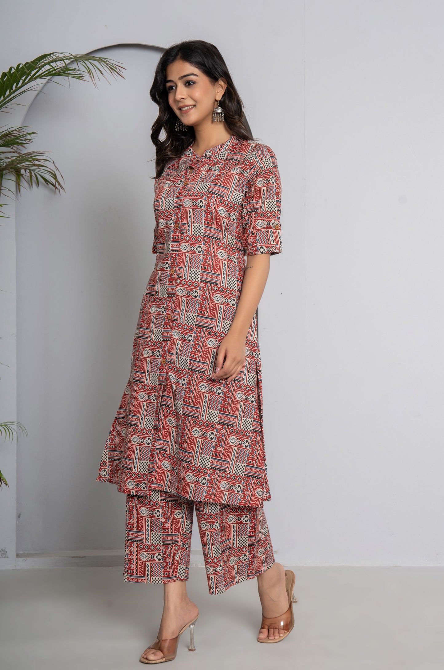 GEOMETRIC PRINT COTTON 2 PEICE KURTI PLAZZO SET IN MULTICOLOUR BY PLUSSIZEKURTI