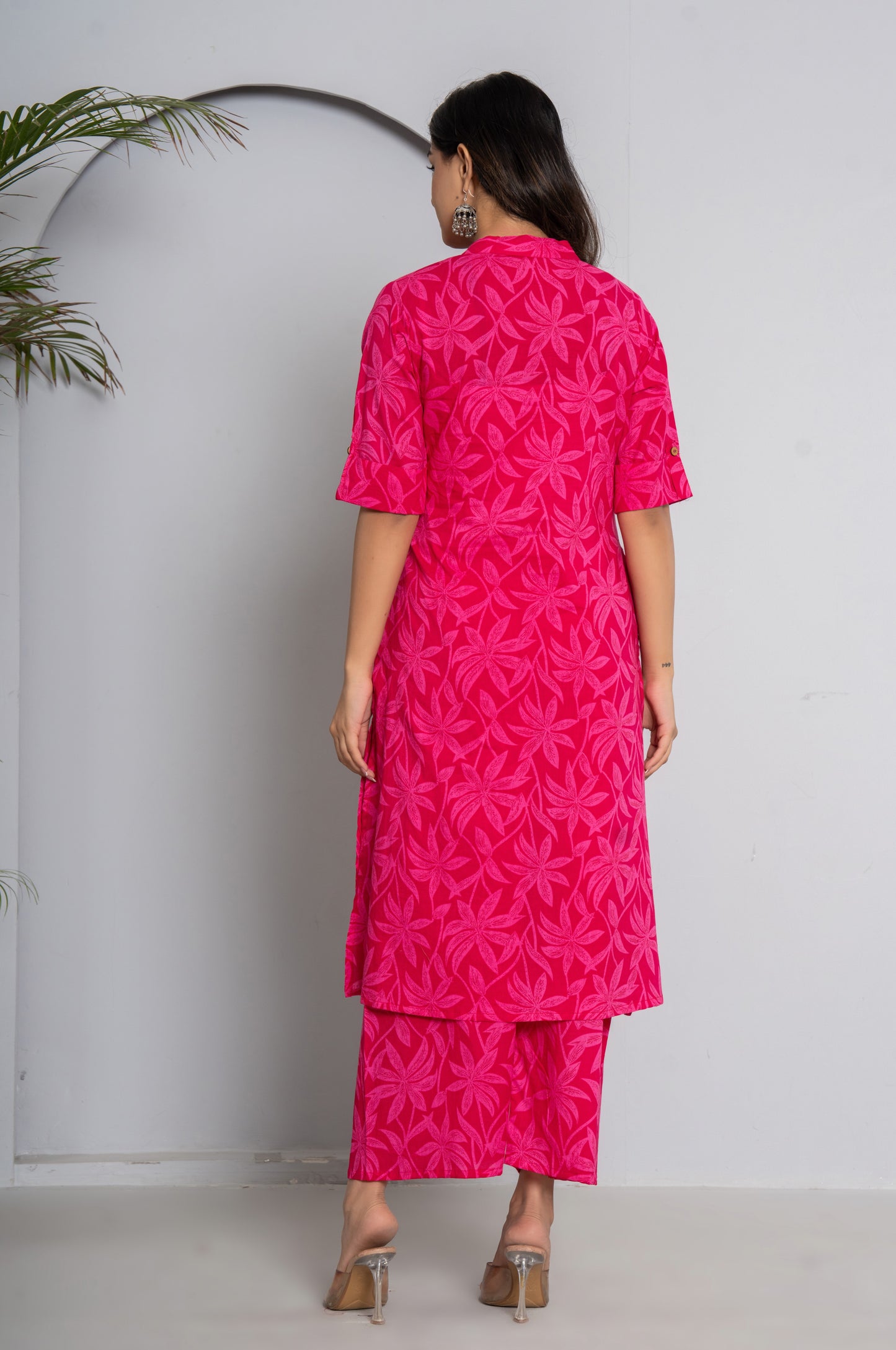 FLOWER PRINT COTTON 2 PEICE KURTI PLAZZO SET IN RANIPINK BY PLUSSIZEKURTI