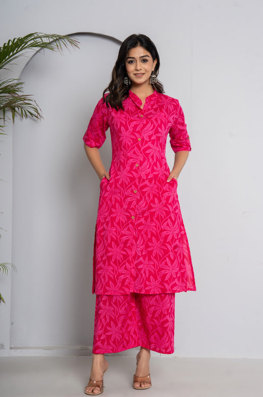 FLOWER PRINT COTTON 2 PEICE KURTI PLAZZO SET IN RANIPINK BY PLUSSIZEKURTI