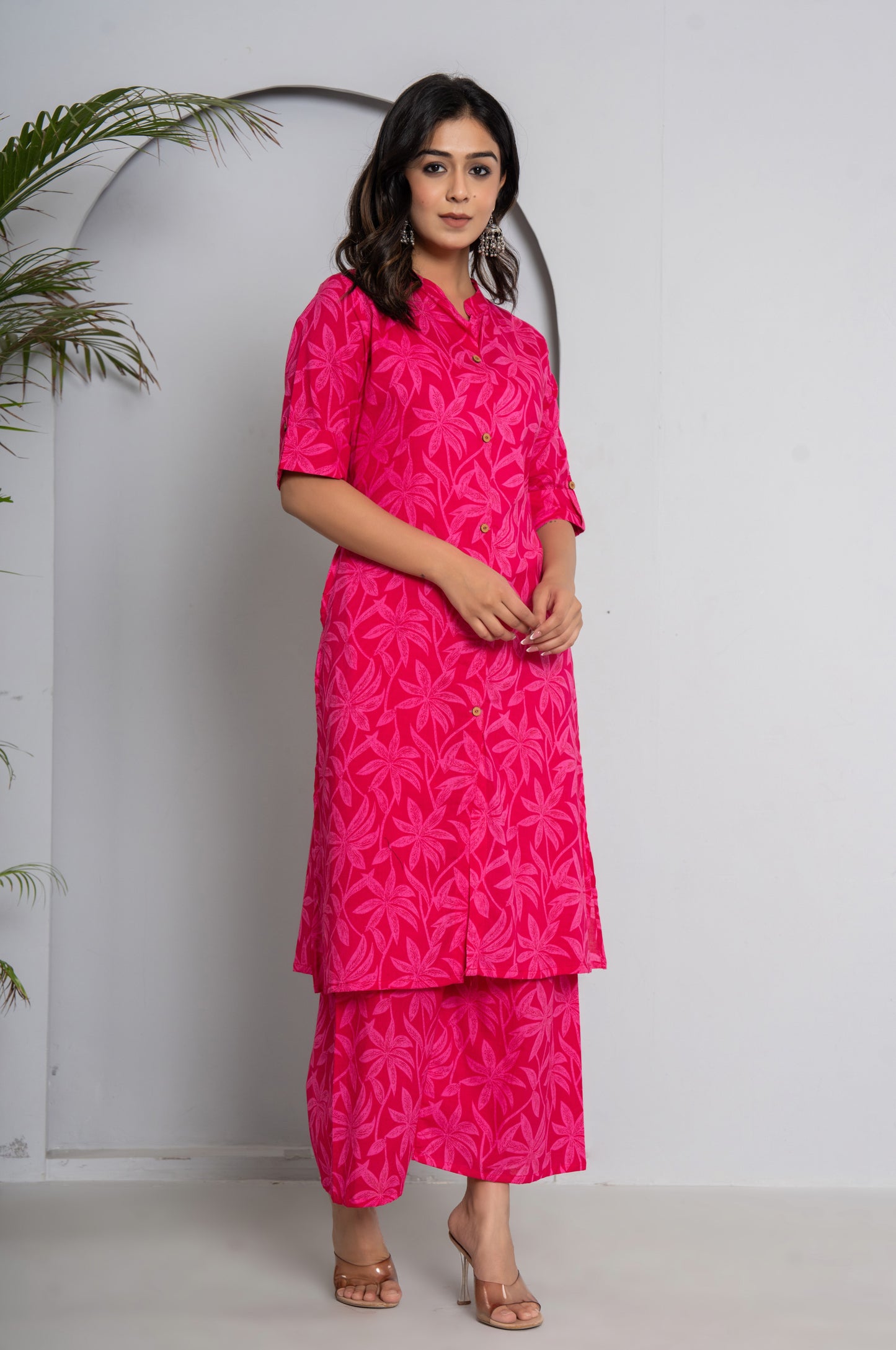 FLOWER PRINT COTTON 2 PEICE KURTI PLAZZO SET IN RANIPINK BY PLUSSIZEKURTI