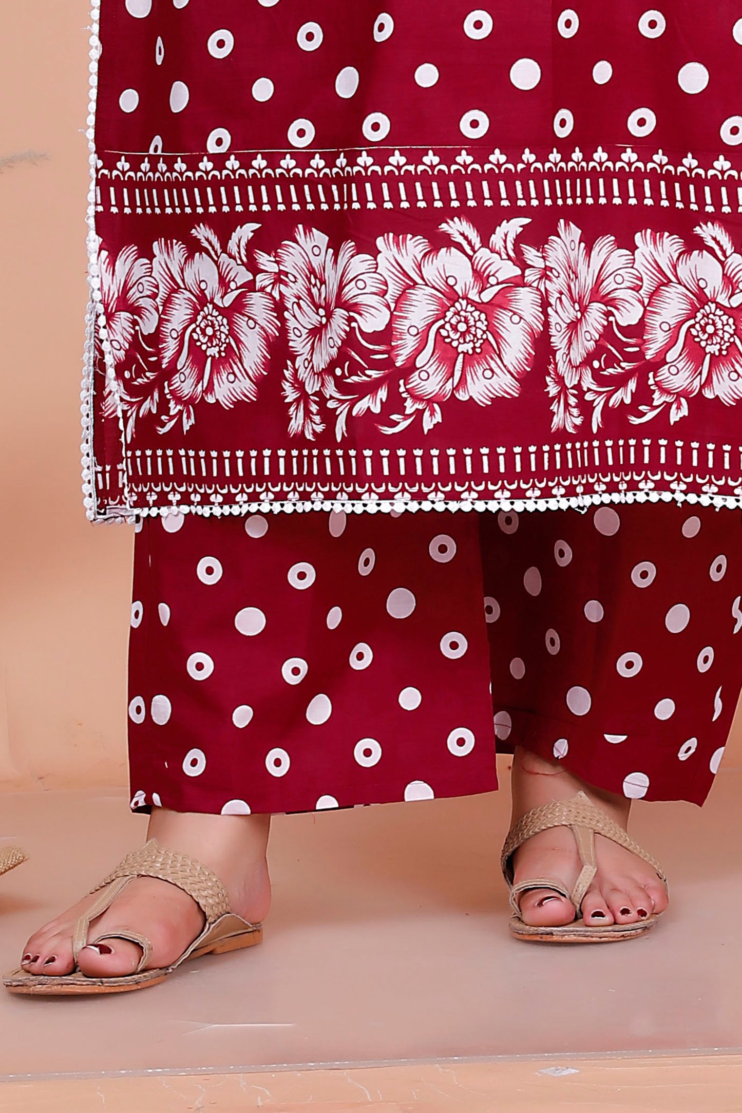 POLKA DOT FLORAL PRINT COTTON 3 PEICE KURTA PANT IN RED BY PLUSSIZEKURTI