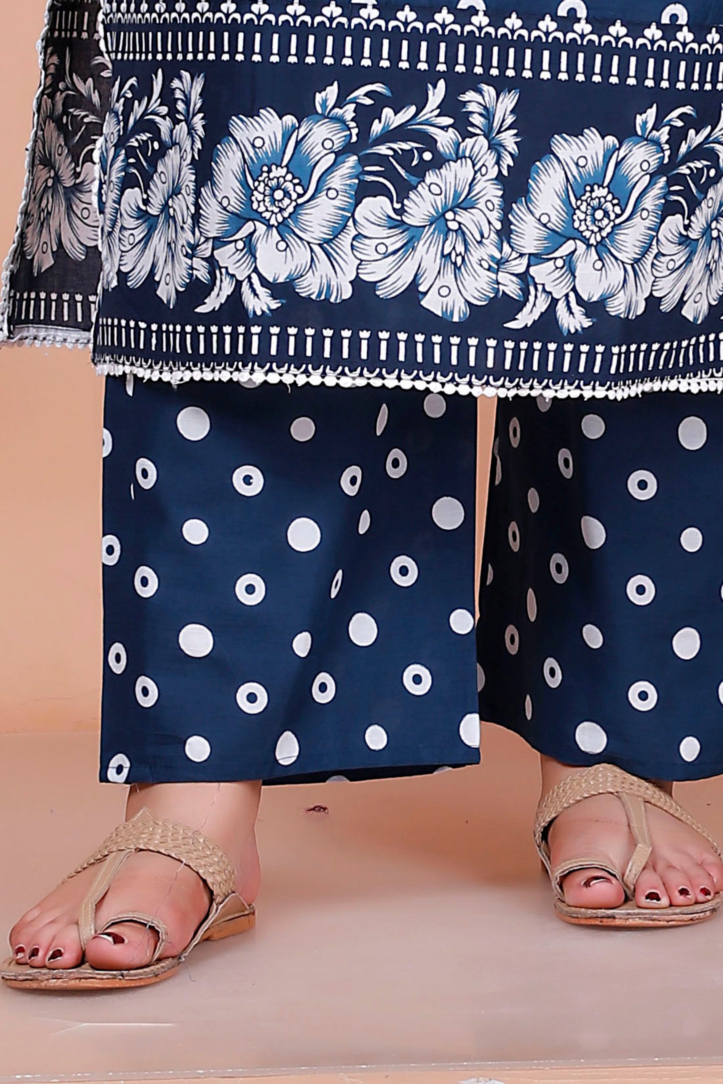 POLKA DOT FLORAL PRINT COTTON 3 PEICE KURTA PANT IN BLUE BY PLUSSIZEKURTI