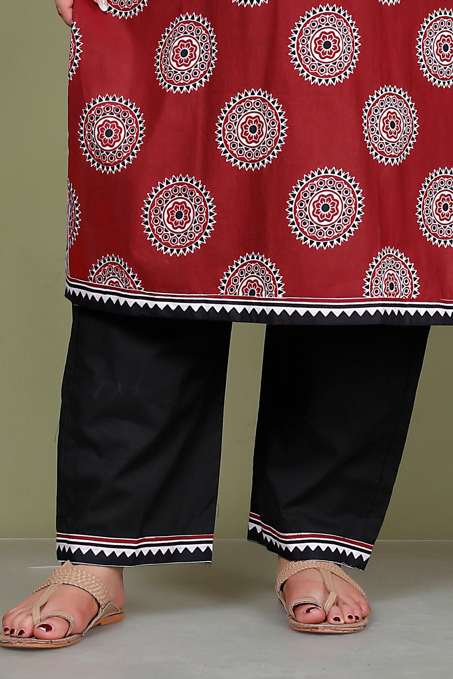 AJRAKH FOLK PRINT COTTON 2 PEICE KURTA PANT IN MAROON RED BY PLUSSIZEKURTI