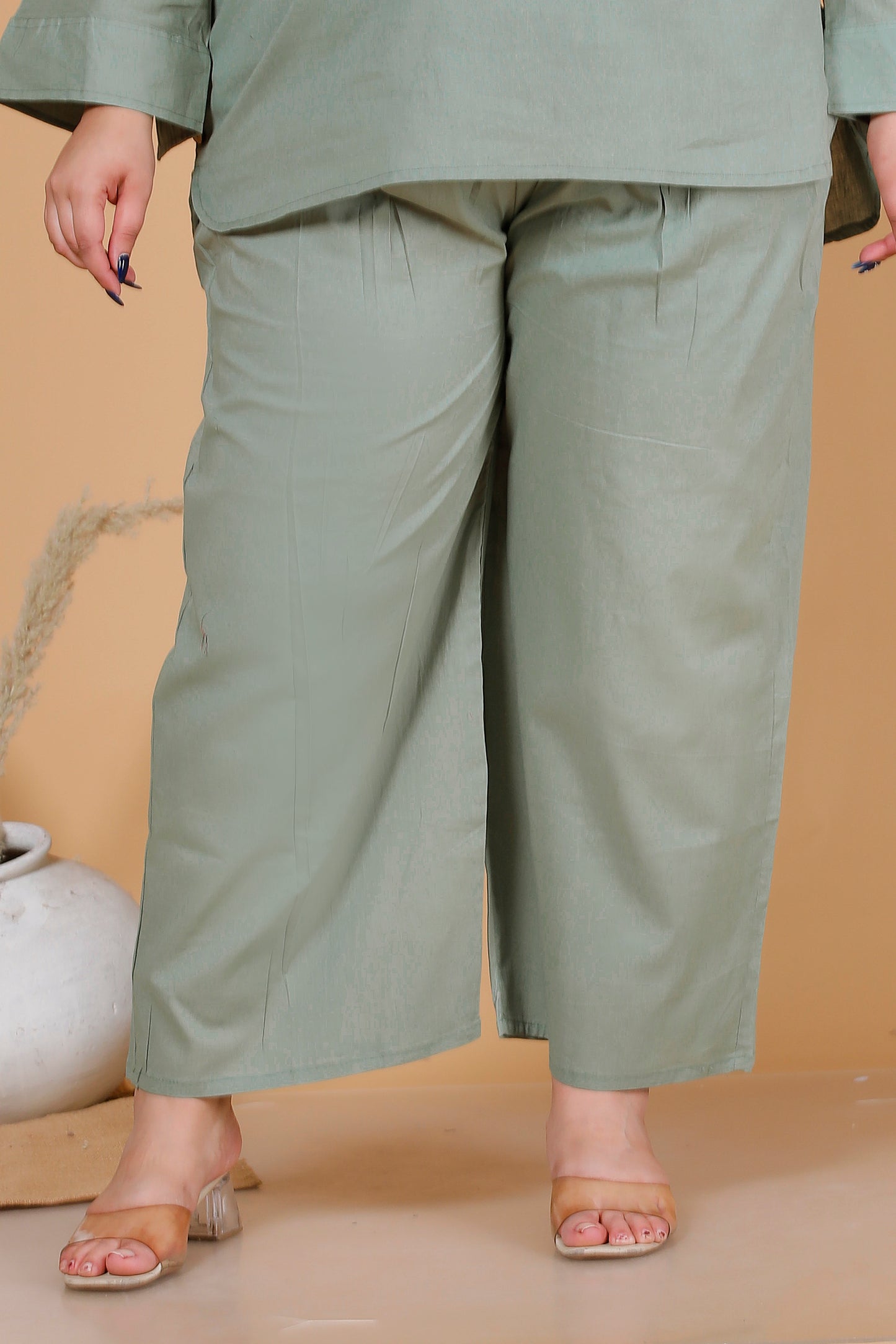 HEM BUTTON SOLID COTTON CO-ORD SET IN SAGE GREEN BY PLUSSIZEKURTI