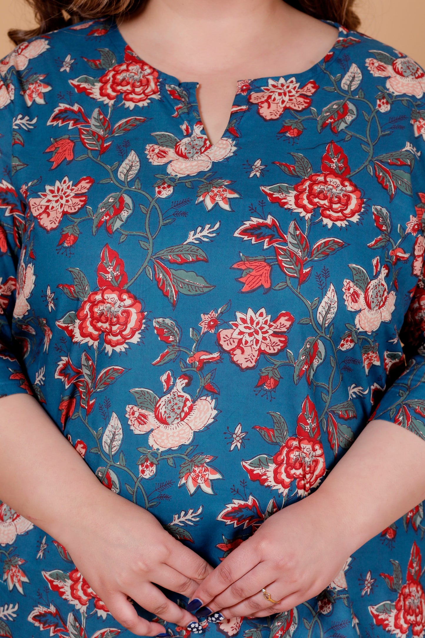 FLORAL VINE PRINT COTTON KURTI IN DEEP BLUE BY PLUSSIZEKURTI