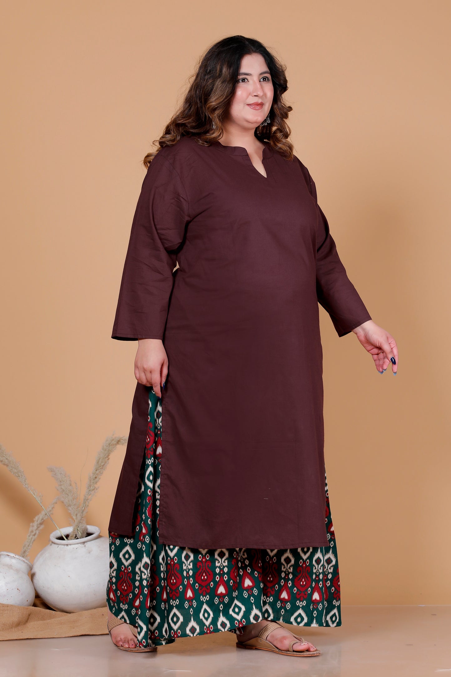 PAISLEY AJRAKH PRINT COTTON SKIRT PANTS IN RUST BOTTLE GREEN/MAROON BY PLUSSIZEKURTI