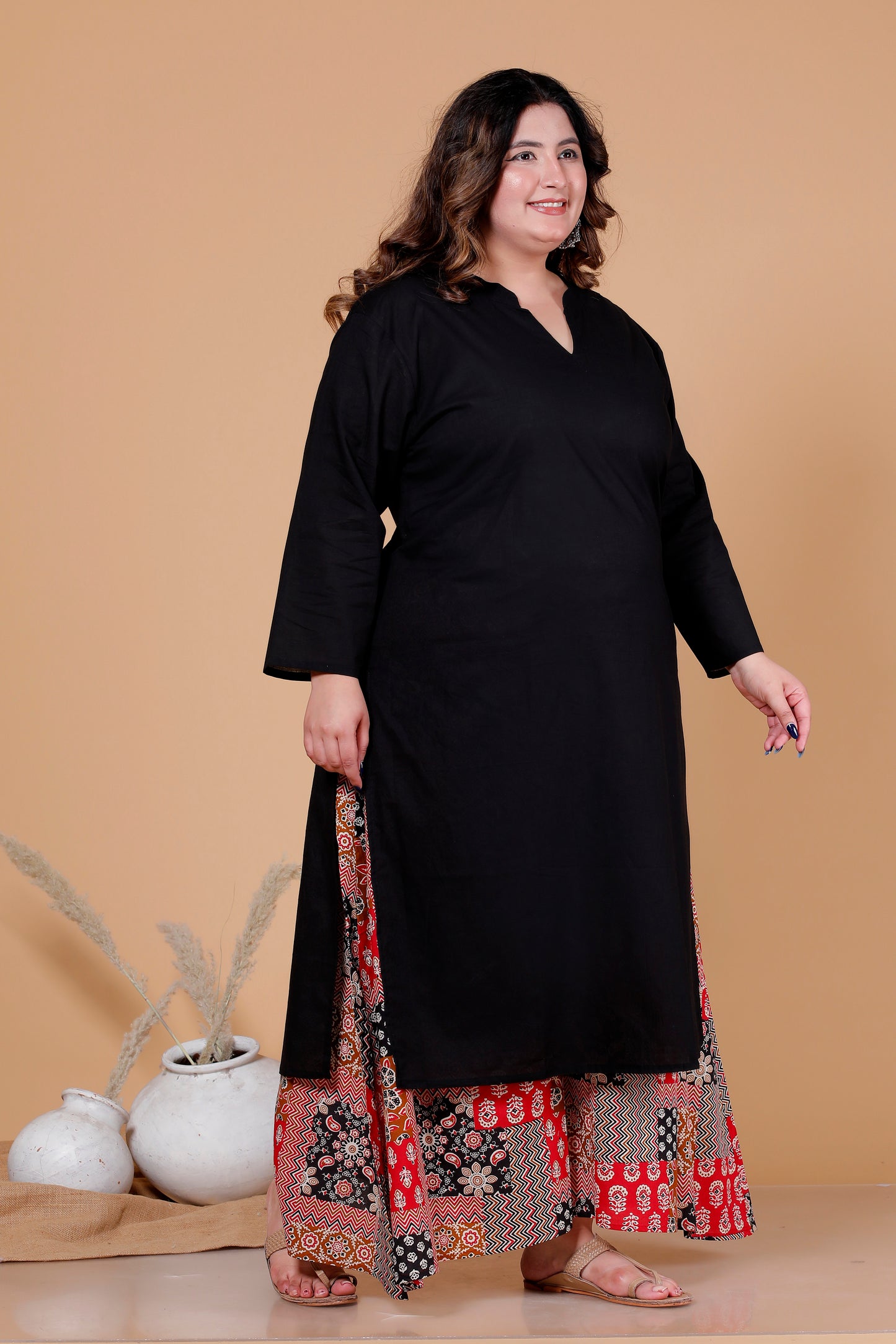 PATCHWORK GEOMETRIC PRINT COTTON SKIRT PANTS IN MUSTURD/BLACK BY PLUSSIZEKURTI