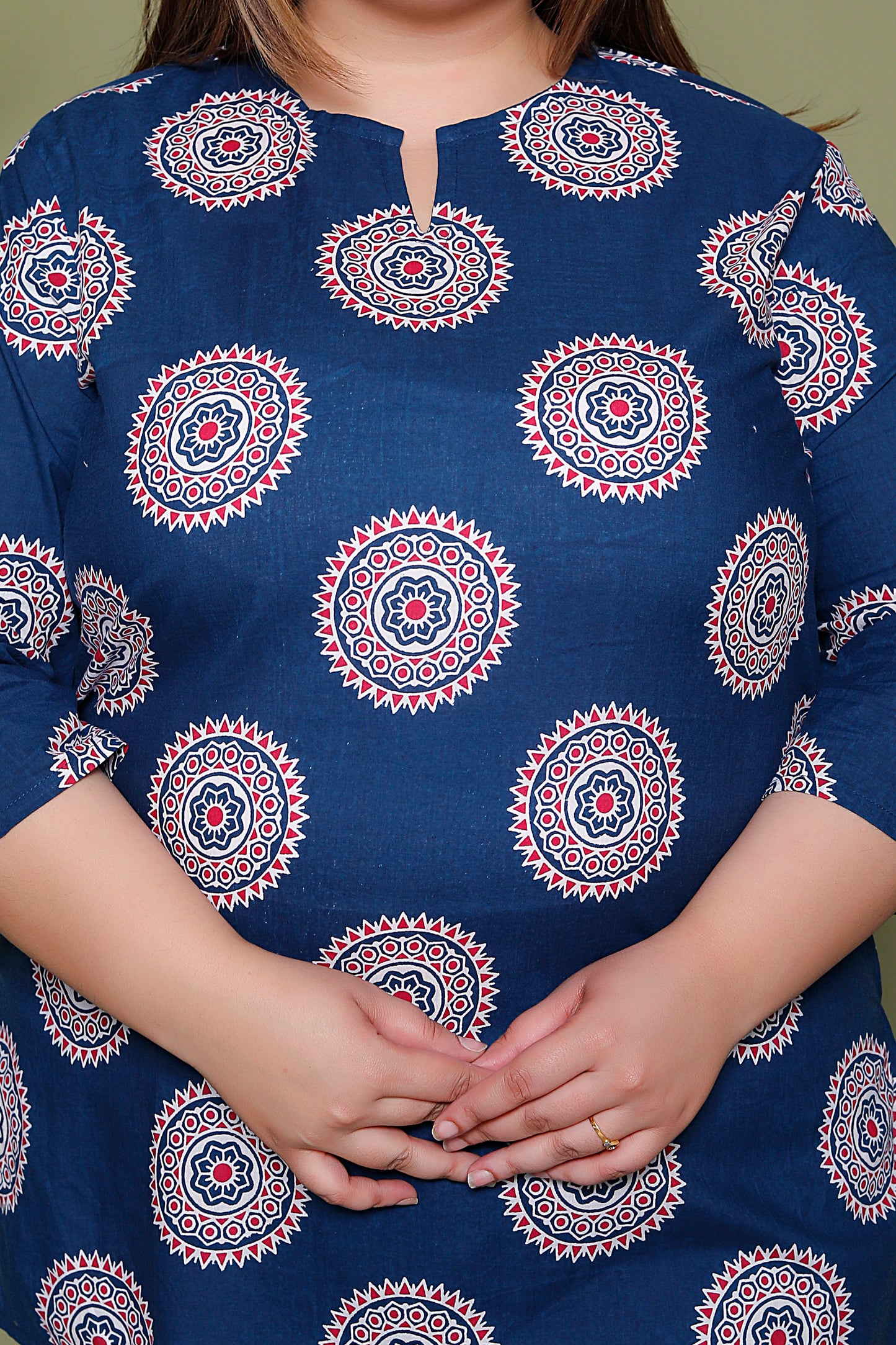 MANDALA CIRCLE PRINT COTTON TOP IN BLUE COLOUR BY PLUSSIZEKURTI