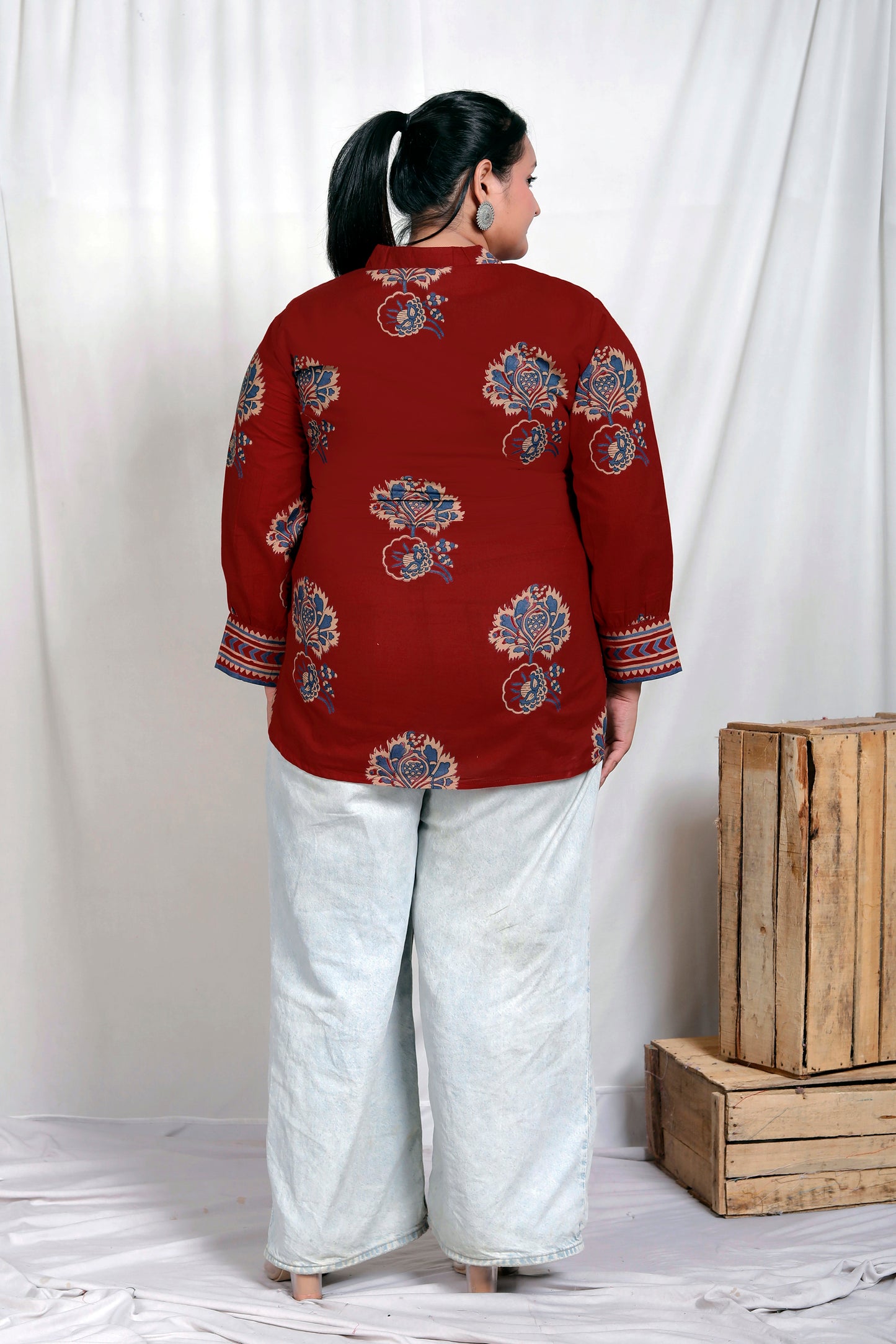 MUGAL BUTTA  GEOMETRIC PRINT COTTON TOP IN CHERRY RED/BLUE COLOUR BY PLUSSIZEKURTI