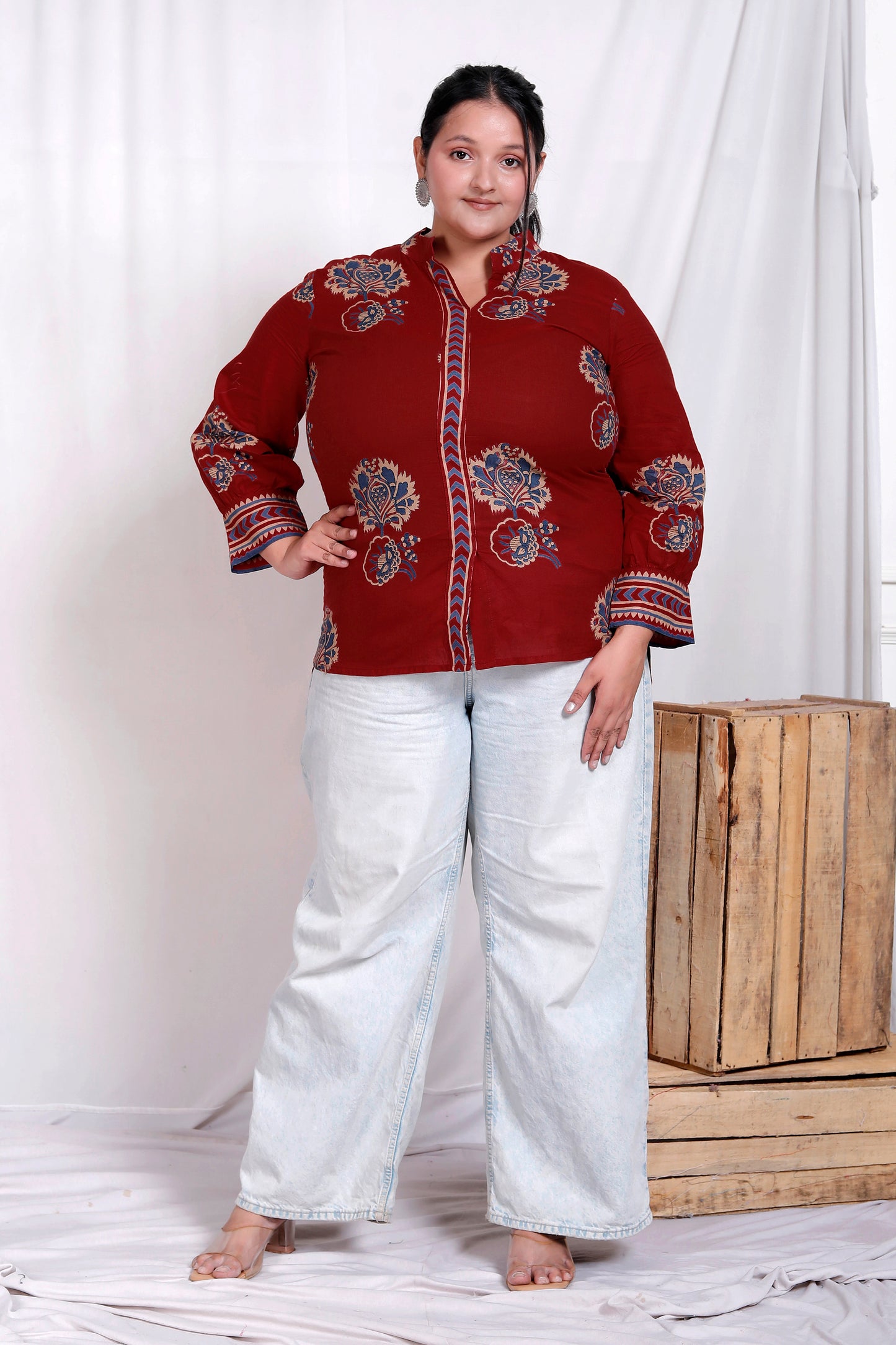 MUGAL BUTTA  GEOMETRIC PRINT COTTON TOP IN CHERRY RED/BLUE COLOUR BY PLUSSIZEKURTI