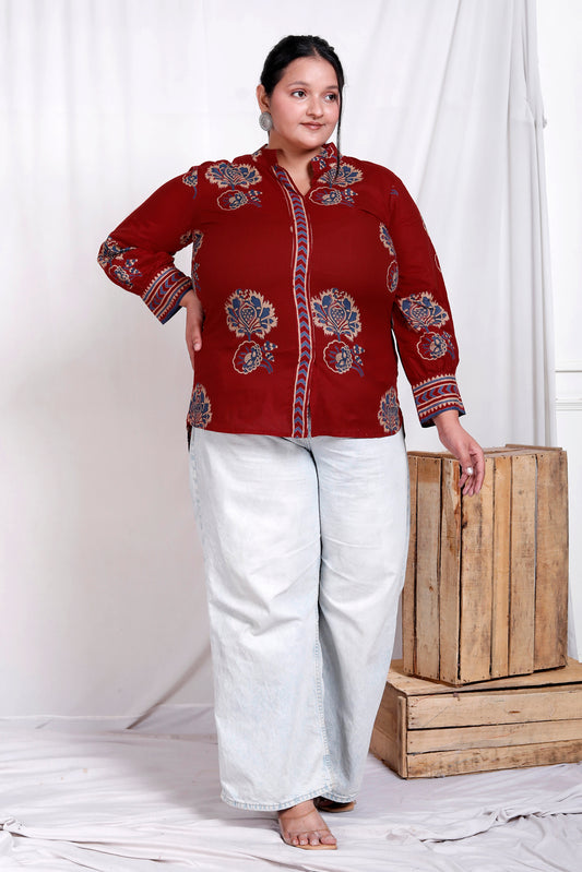 MUGAL BUTTA  GEOMETRIC PRINT COTTON TOP IN CHERRY RED/BLUE COLOUR BY PLUSSIZEKURTI