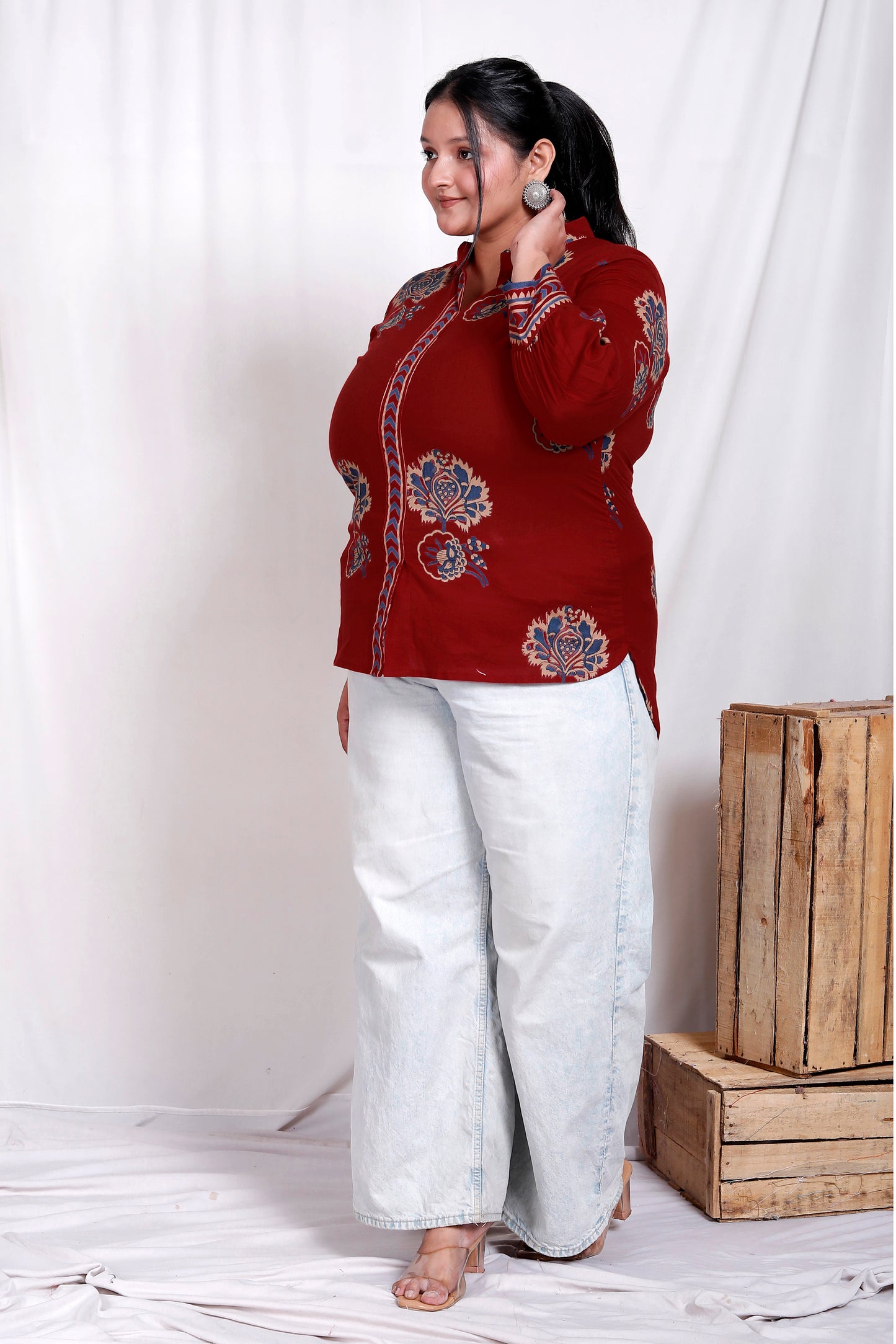 MUGAL BUTTA  GEOMETRIC PRINT COTTON TOP IN CHERRY RED/BLUE COLOUR BY PLUSSIZEKURTI