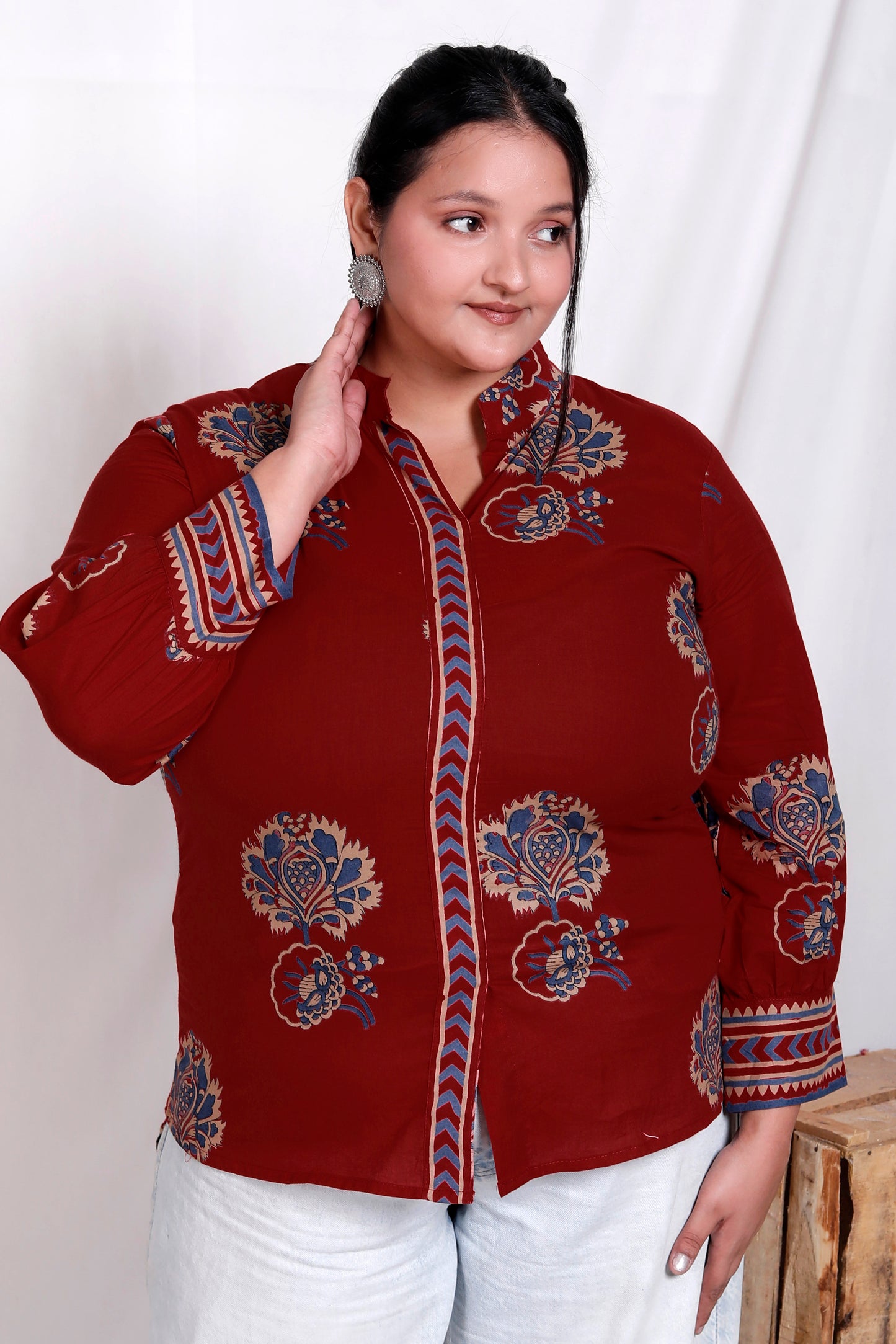 MUGAL BUTTA  GEOMETRIC PRINT COTTON TOP IN CHERRY RED/BLUE COLOUR BY PLUSSIZEKURTI