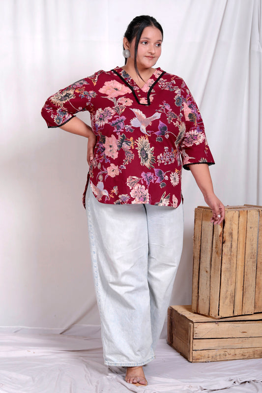 FLORAL BIRD PRINT LACE WORK COTTON TOP IN WINE RED COLOUR BY PLUSSIZEKURTI
