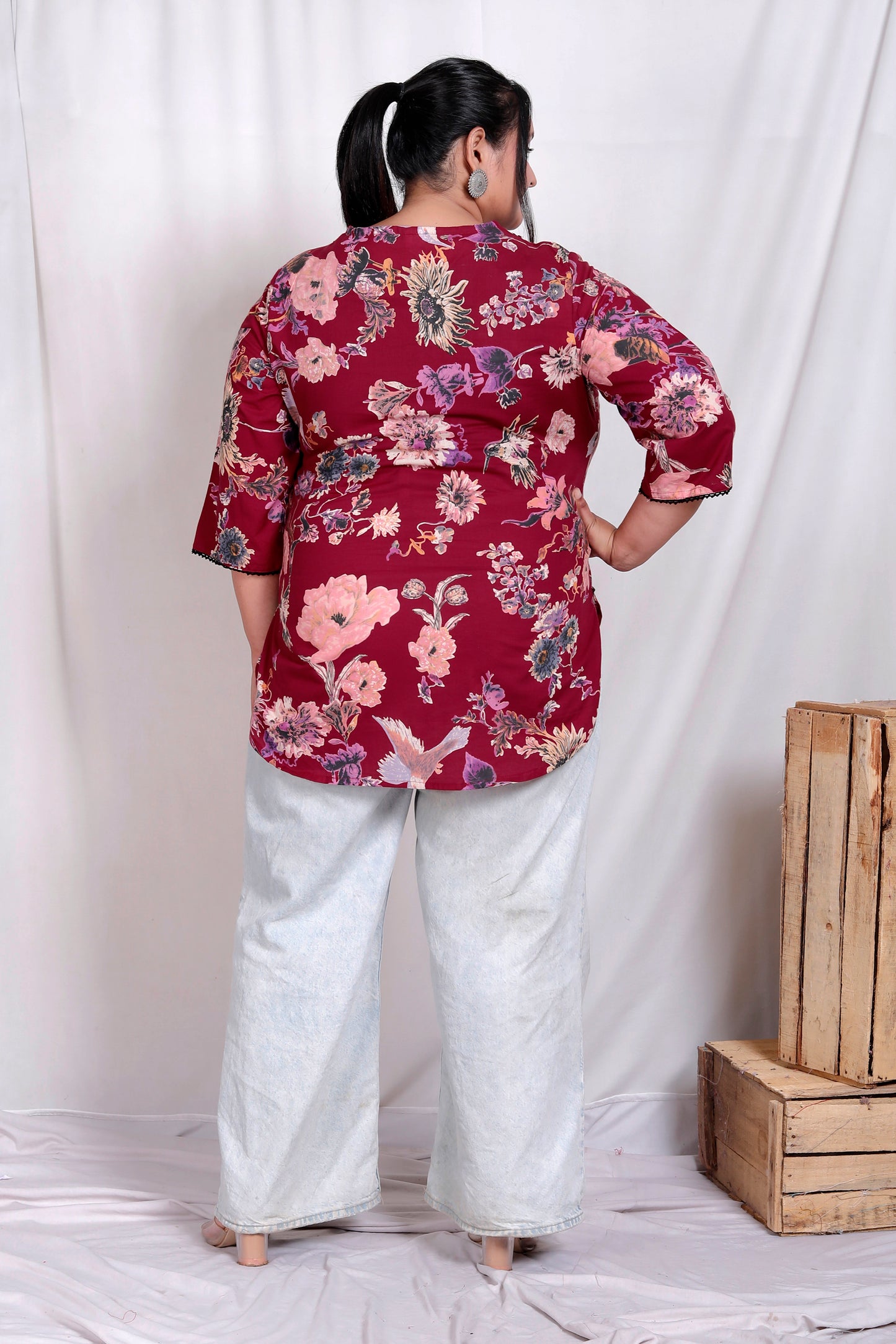 FLORAL BIRD PRINT LACE WORK COTTON TOP IN WINE RED COLOUR BY PLUSSIZEKURTI