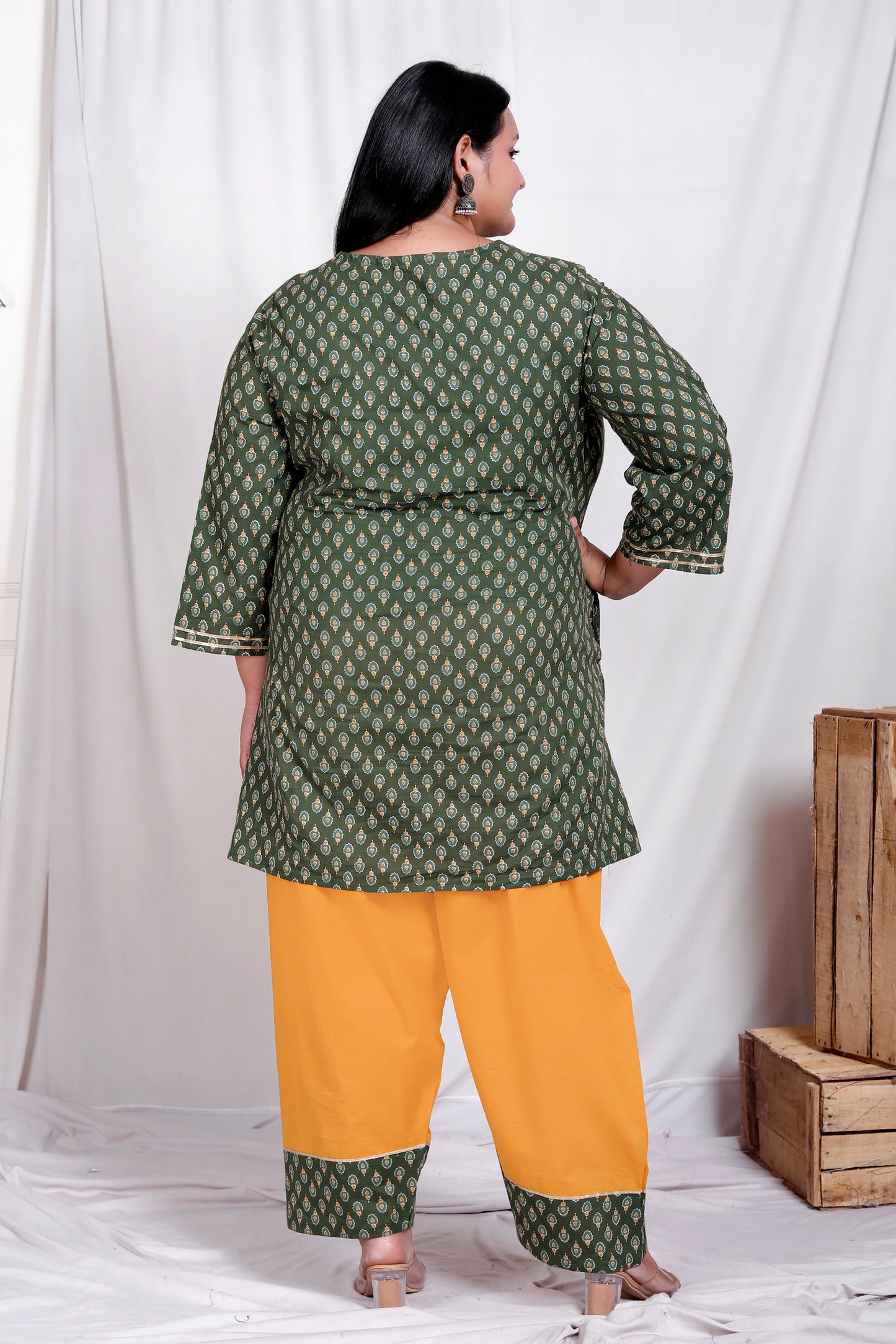 BLOCK BUTTY PRINT COTTON 3 PEICE KURTA FARSI IN GREEN/YELLOW BY PLUSSIZEKURTI