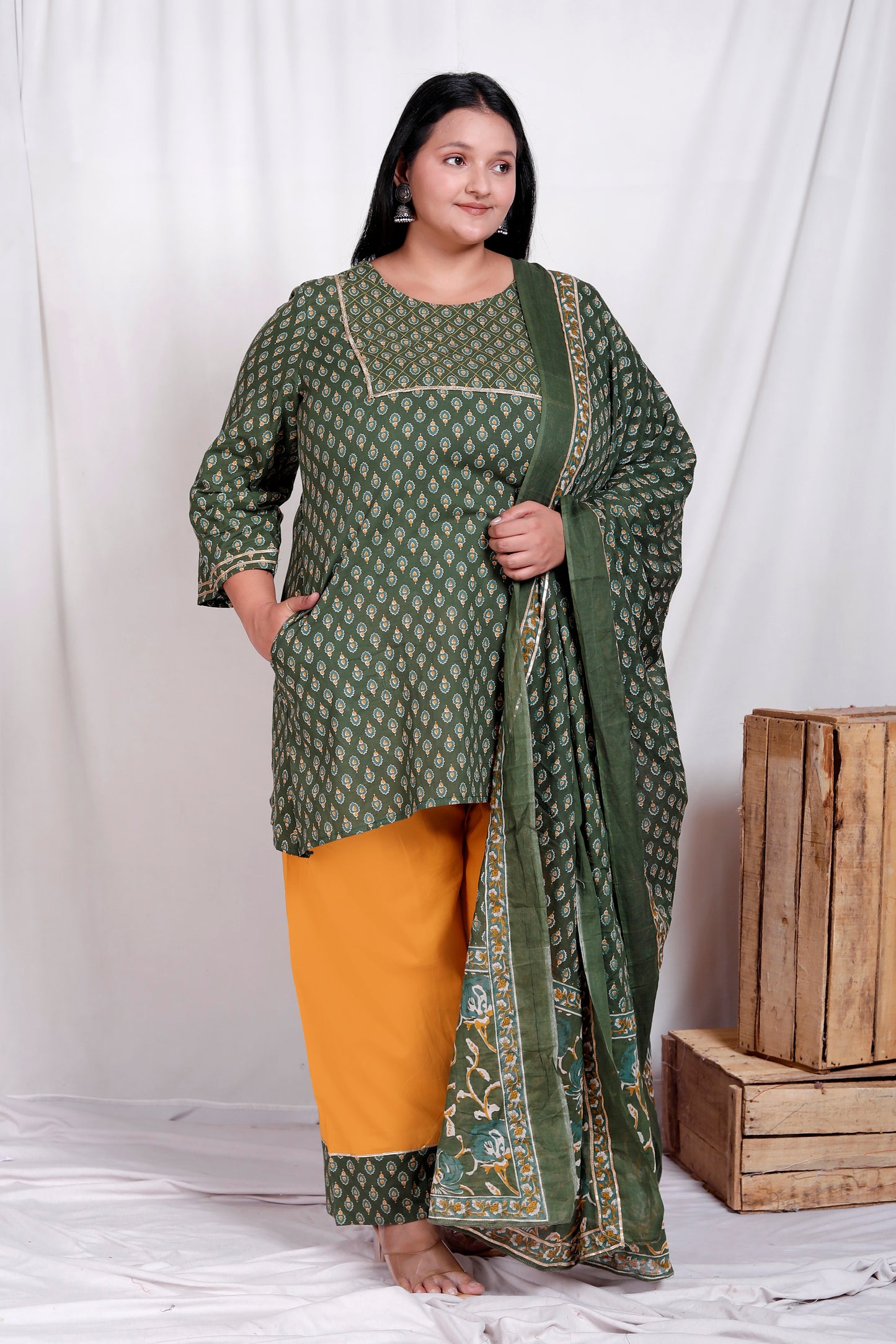 BLOCK BUTTY PRINT COTTON 3 PEICE KURTA FARSI IN GREEN/YELLOW BY PLUSSIZEKURTI