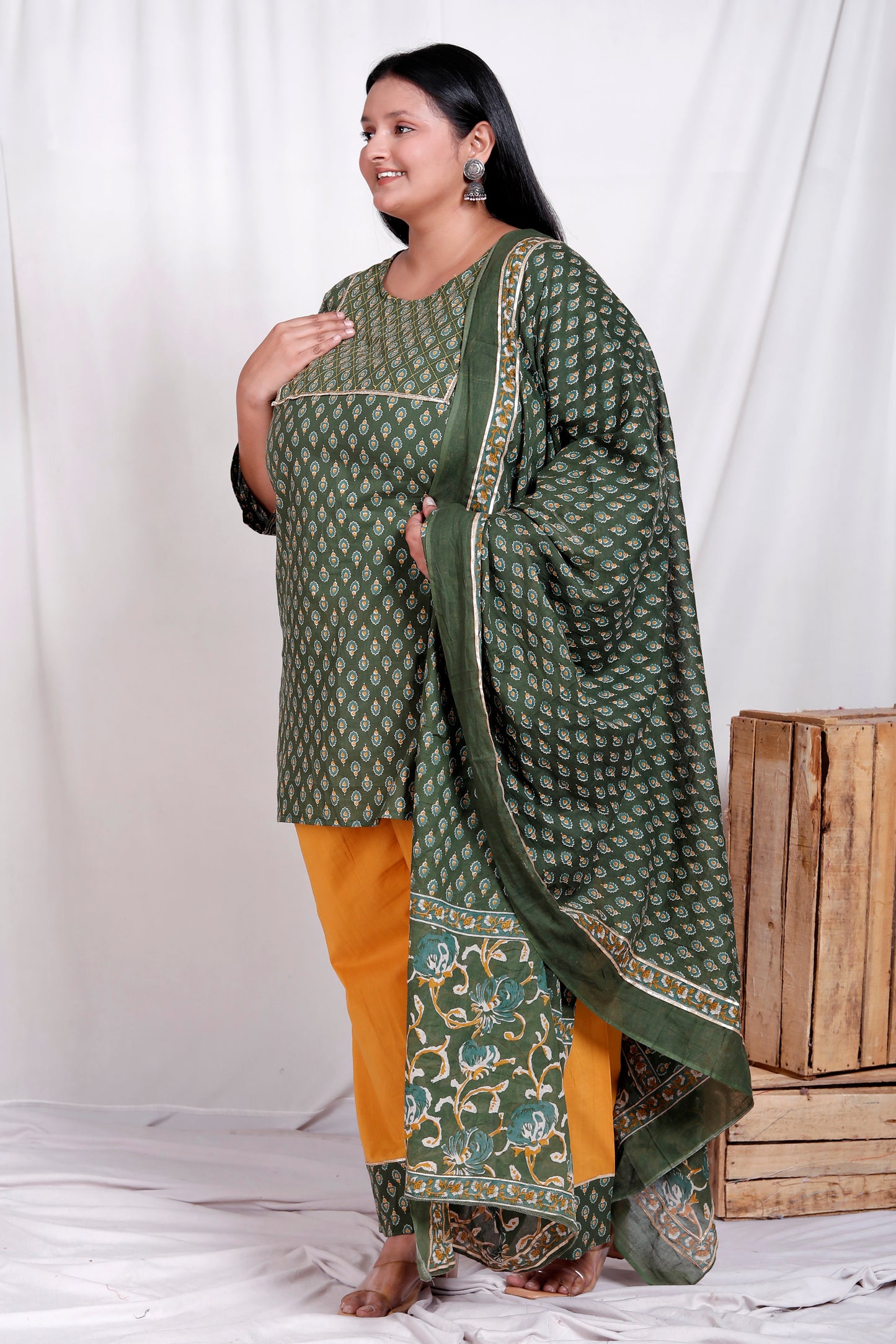 BLOCK BUTTY PRINT COTTON 3 PEICE KURTA FARSI IN GREEN/YELLOW BY PLUSSIZEKURTI