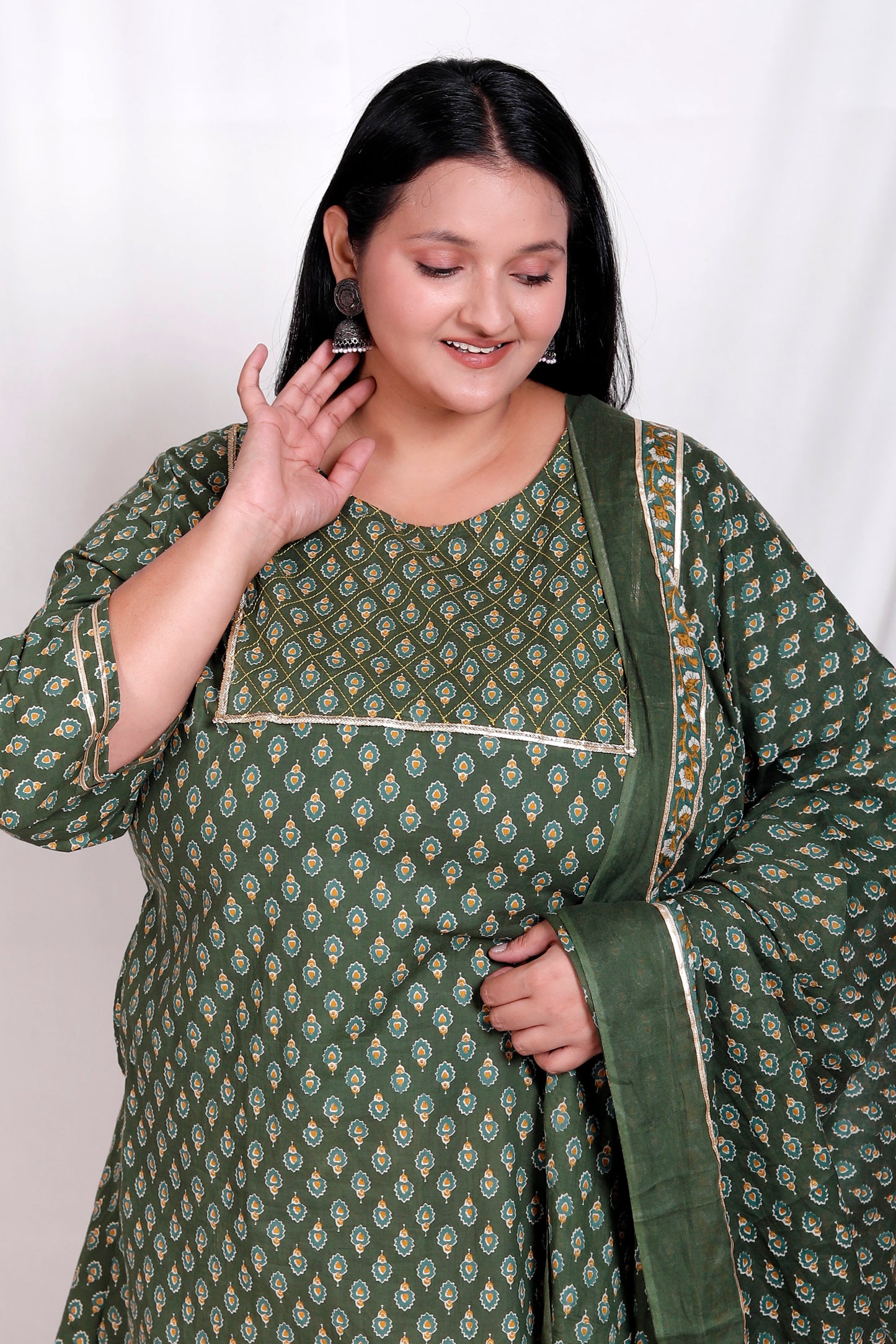 BLOCK BUTTY PRINT COTTON 3 PEICE KURTA FARSI IN GREEN/YELLOW BY PLUSSIZEKURTI
