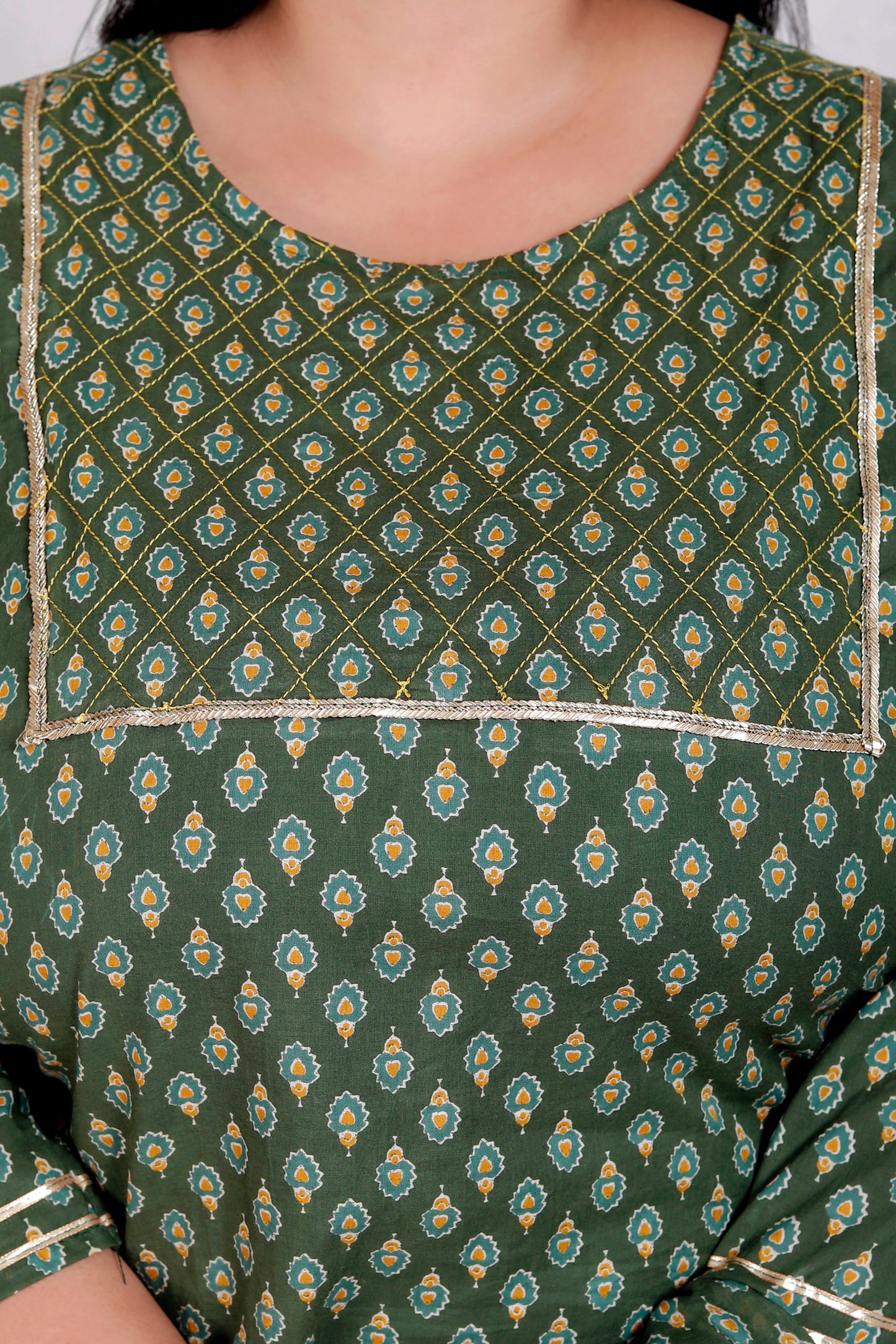 BLOCK BUTTY PRINT COTTON 3 PEICE KURTA FARSI IN GREEN/YELLOW BY PLUSSIZEKURTI