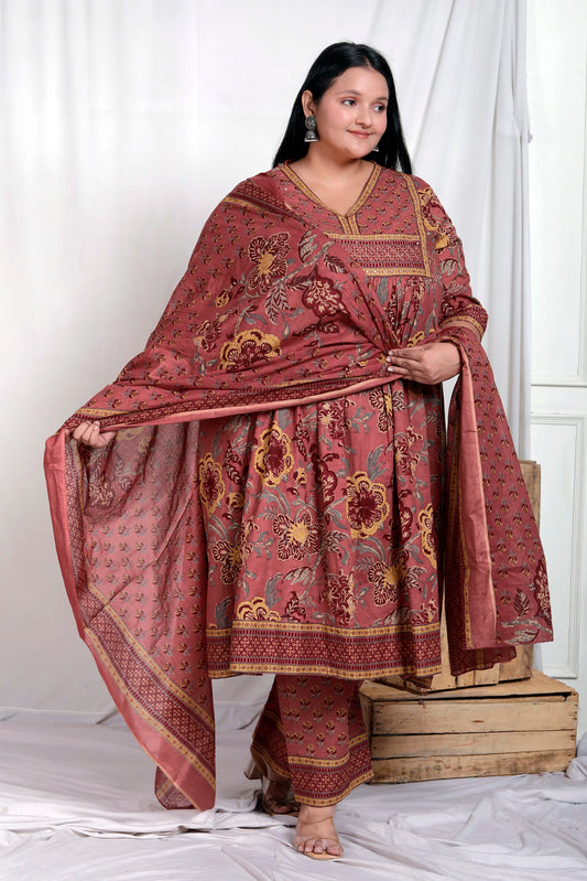 FLORAL BLOCK PRINT HAND TOUCHING COTTON 3 PEICE KURTA PANT IN RUSTY ROSE BY PLUSSIZEKURTI
