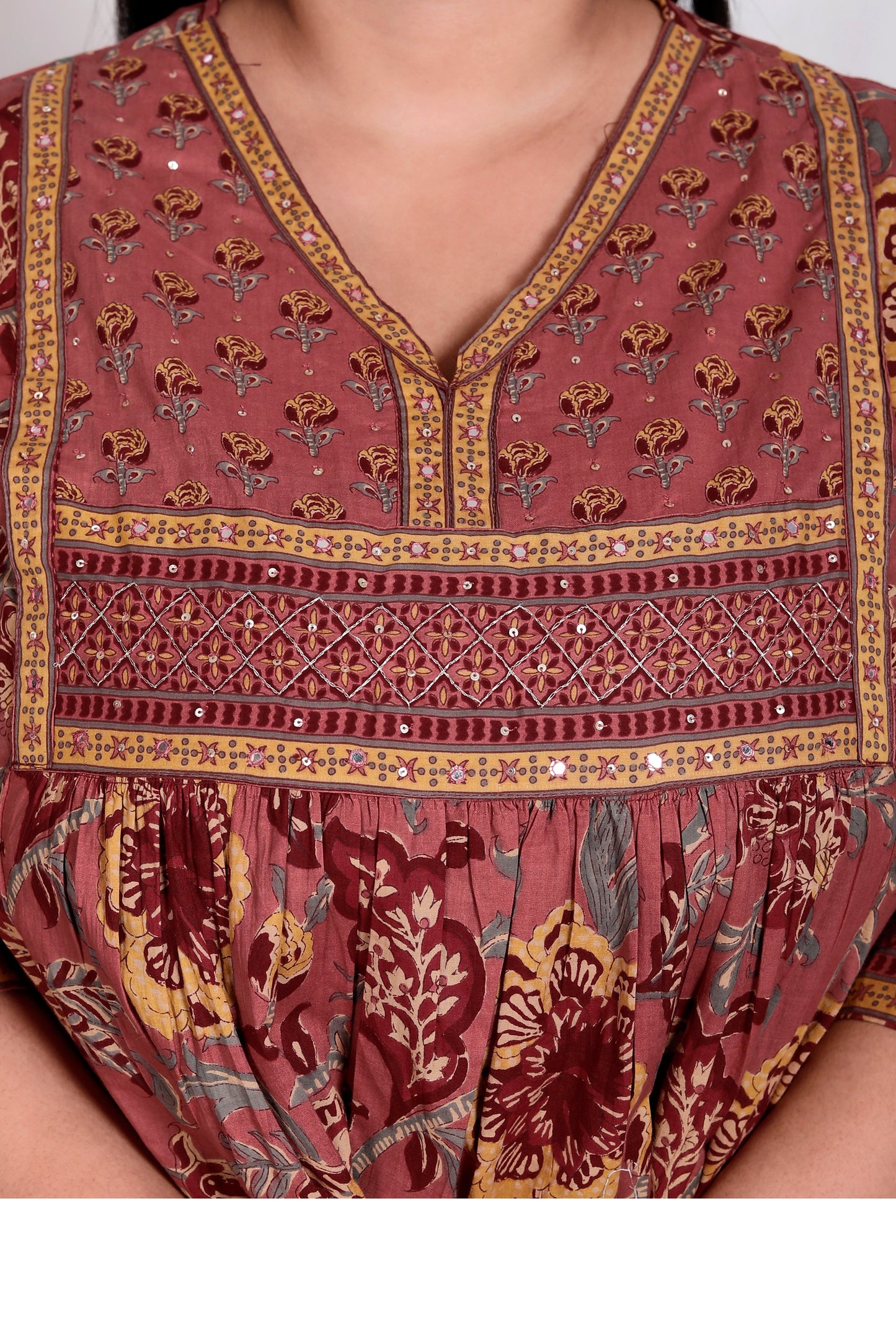 FLORAL BLOCK PRINT HAND TOUCHING COTTON 3 PEICE KURTA PANT IN RUSTY ROSE BY PLUSSIZEKURTI