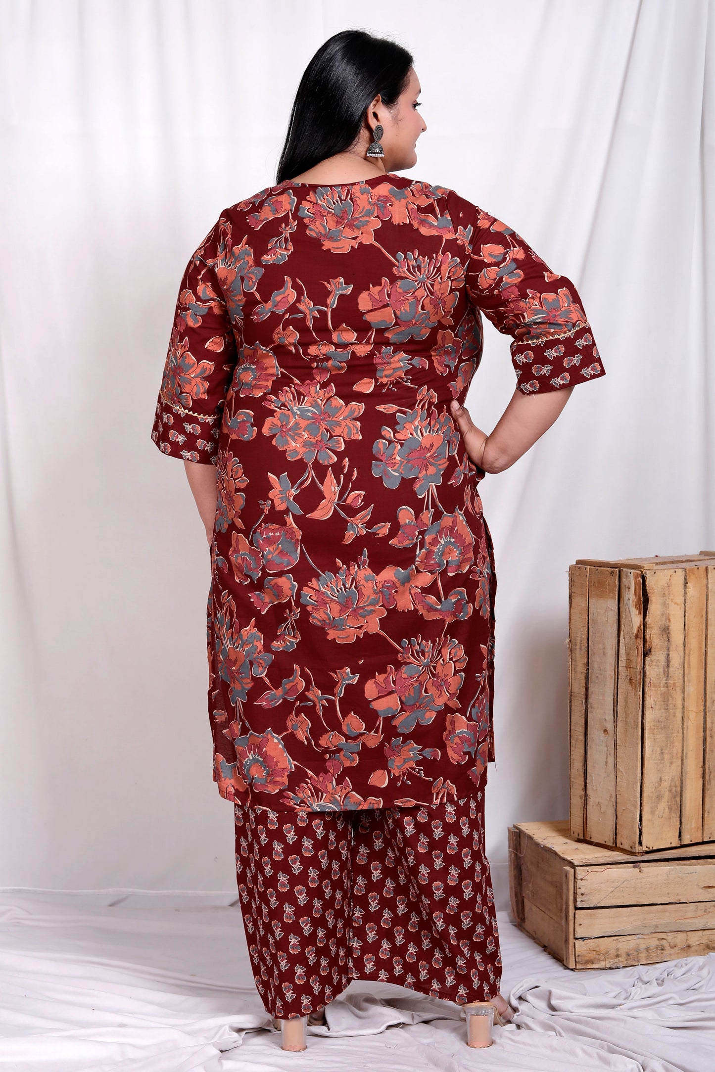 FLORAL BUTI PRINT COTTON 3 PEICE KURTA PLAZZO IN MAHROON BY PLUSSIZEKURTI