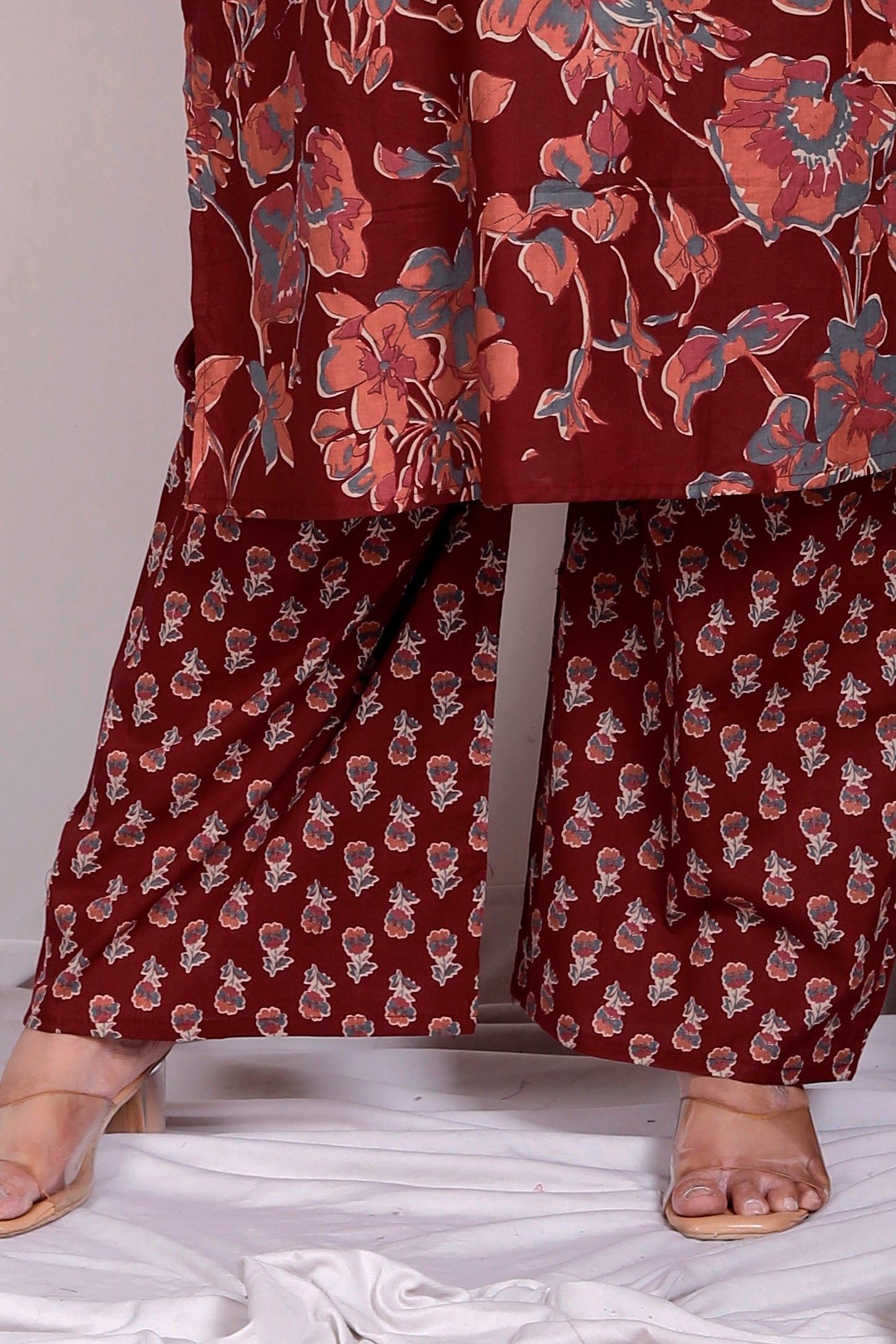 FLORAL BUTI PRINT COTTON 3 PEICE KURTA PLAZZO IN MAHROON BY PLUSSIZEKURTI