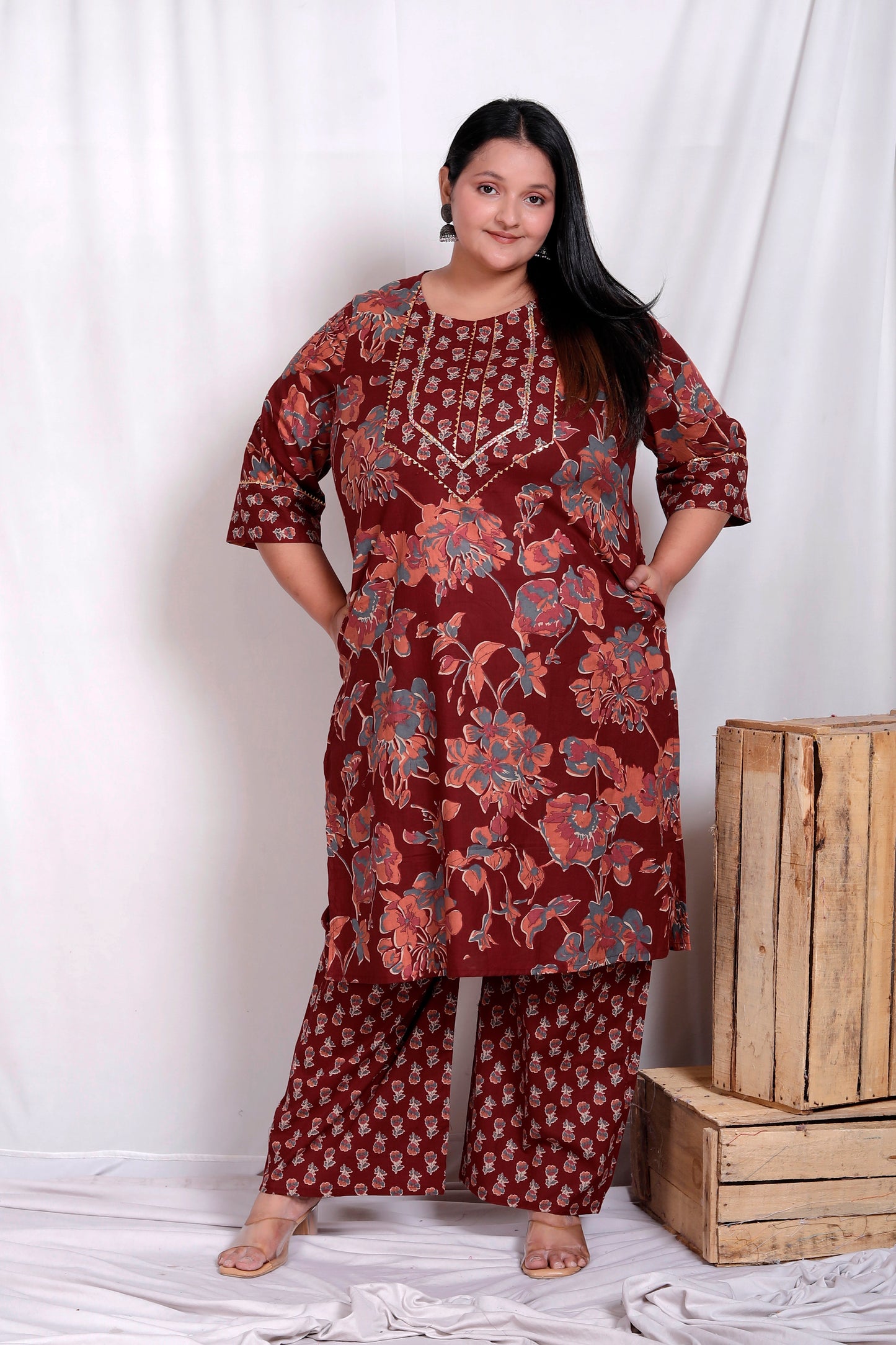 FLORAL BUTI PRINT COTTON 3 PEICE KURTA PLAZZO IN MAHROON BY PLUSSIZEKURTI
