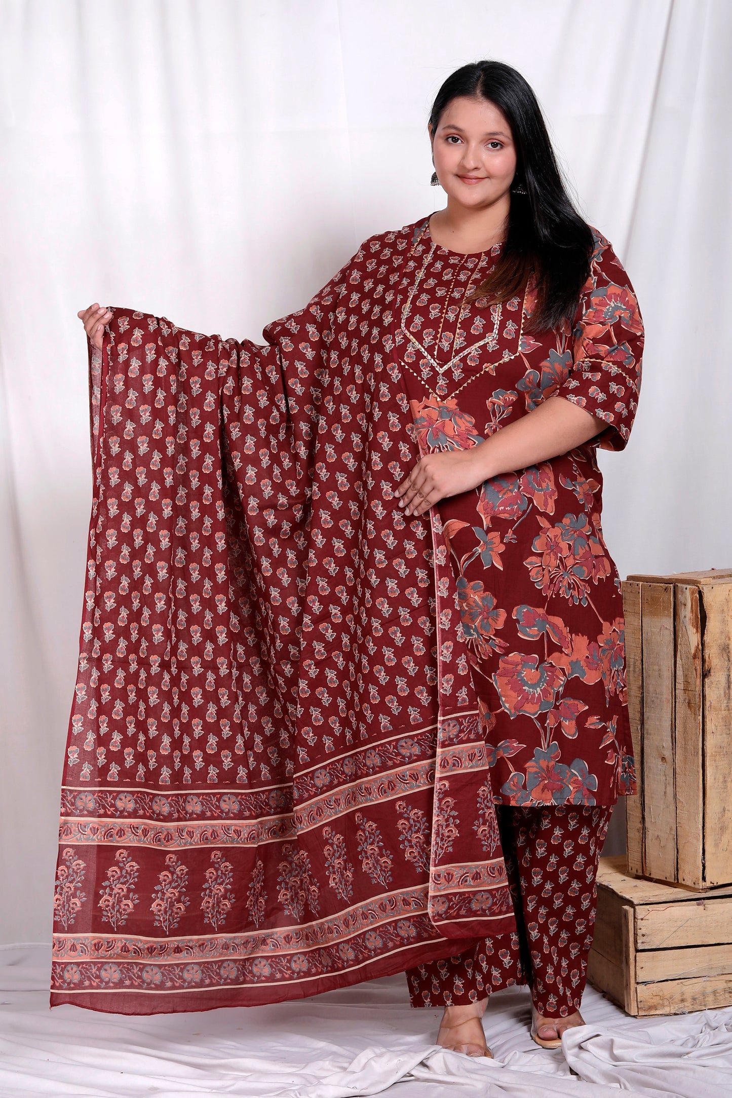 FLORAL BUTI PRINT COTTON 3 PEICE KURTA PLAZZO IN MAHROON BY PLUSSIZEKURTI