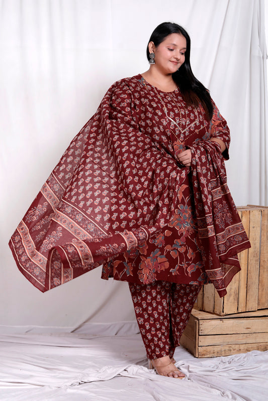 FLORAL BUTI PRINT COTTON 3 PEICE KURTA PLAZZO IN MAHROON BY PLUSSIZEKURTI