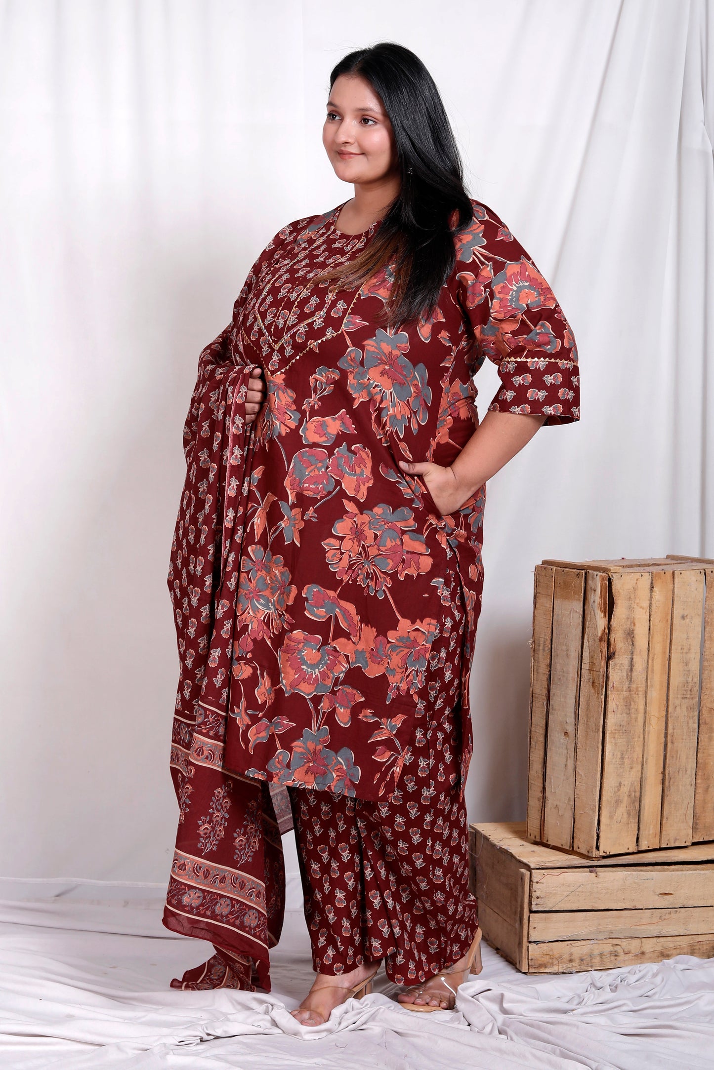 FLORAL BUTI PRINT COTTON 3 PEICE KURTA PLAZZO IN MAHROON BY PLUSSIZEKURTI