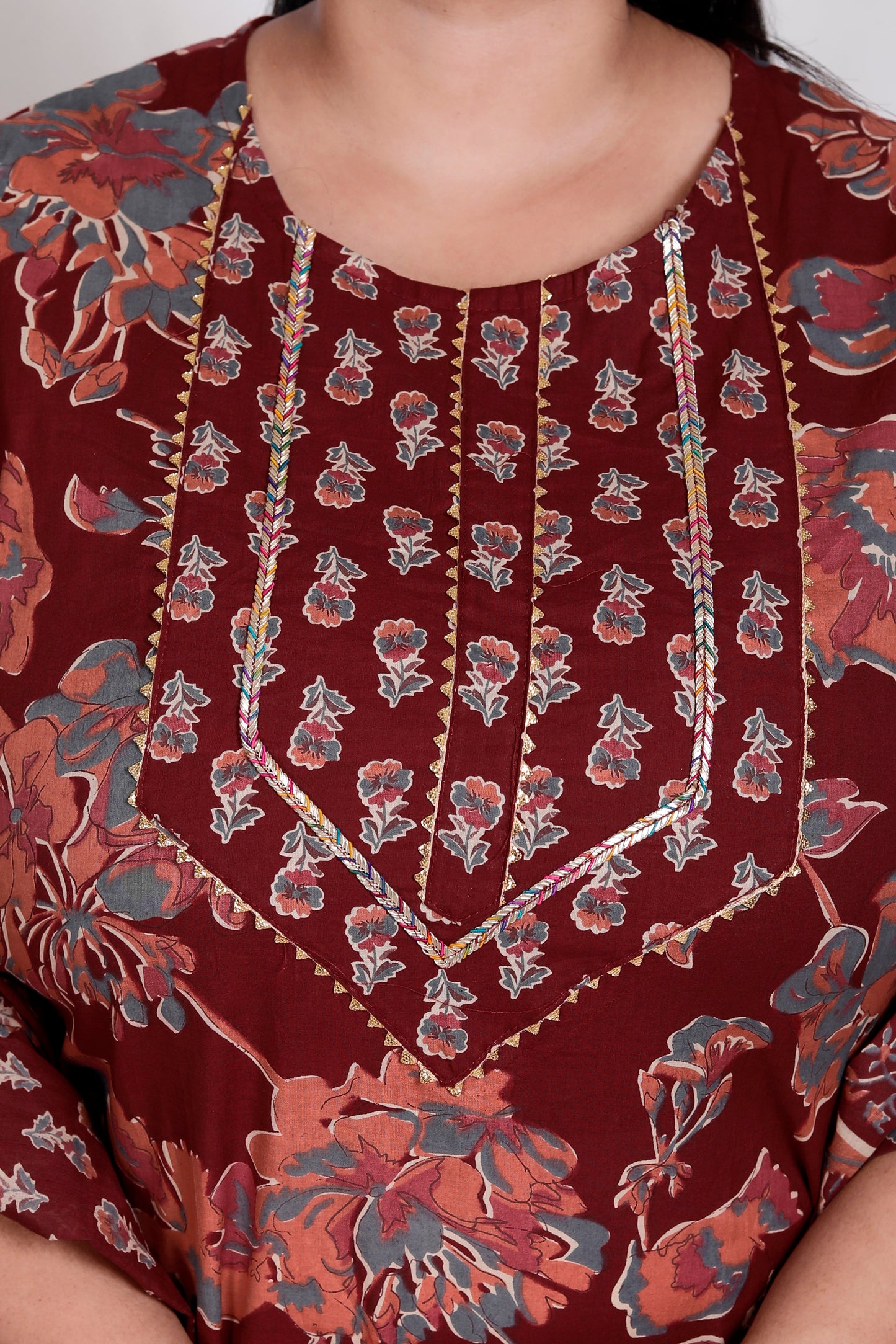 FLORAL BUTI PRINT COTTON 3 PEICE KURTA PLAZZO IN MAHROON BY PLUSSIZEKURTI